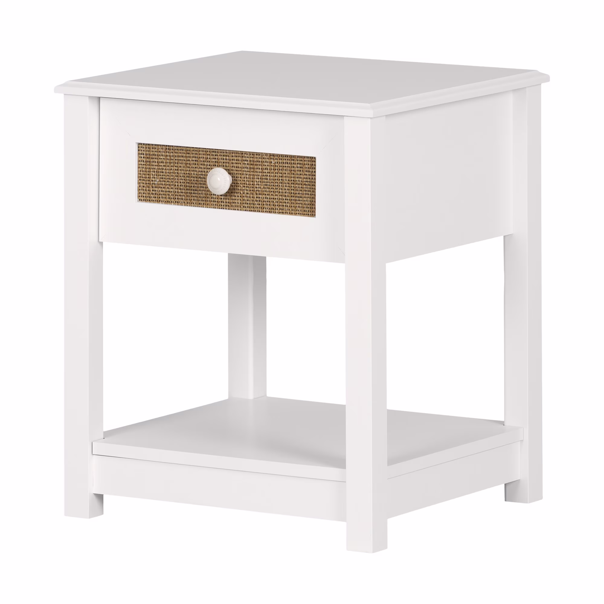 South Shore Bloom, Bohemian Harmony 1-Drawer Nightstand, White and Faux Printed Rattan