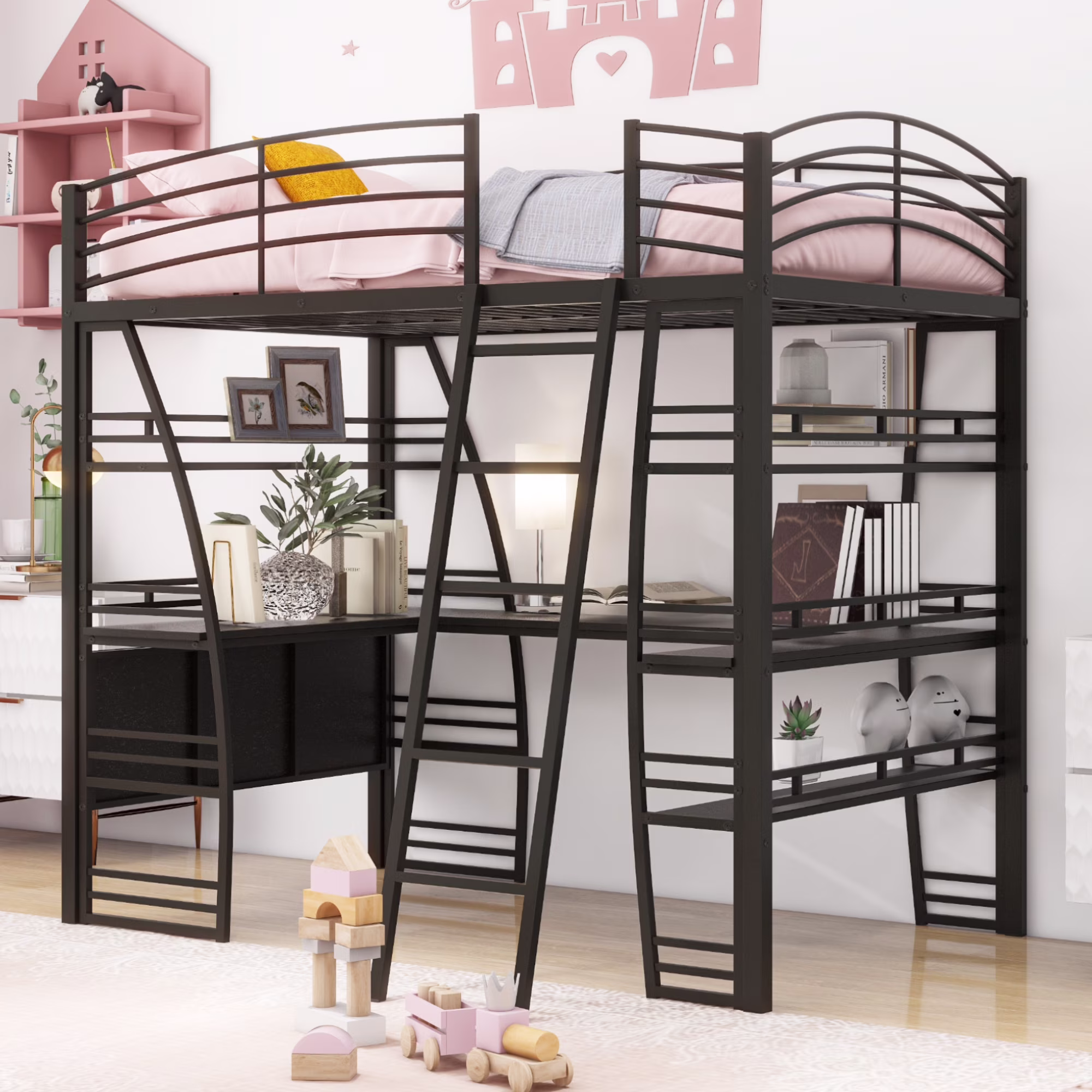 Churanty Full Size Loft Bed with 4 Layers of Shelves and L-shaped Desk, Stylish Metal Frame Bed with a set of Sockets, USB Ports and Wireless Charging, Black