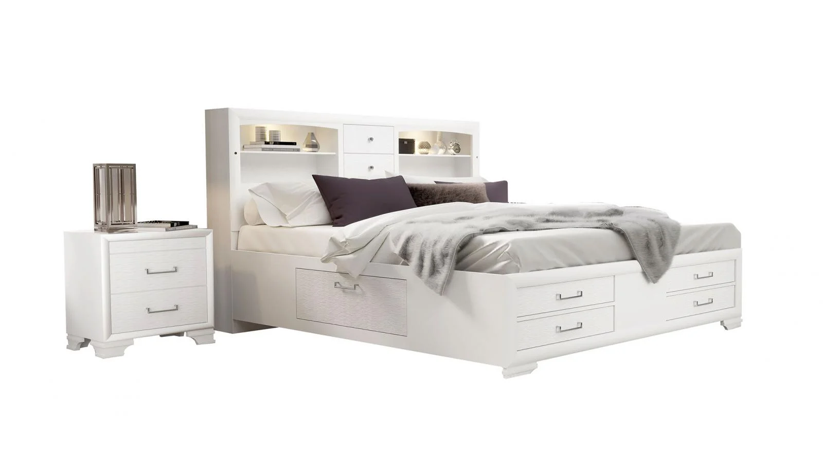 Storage King Bed & 2 Nightstands Glossy White Modern Global Furniture Jordyn