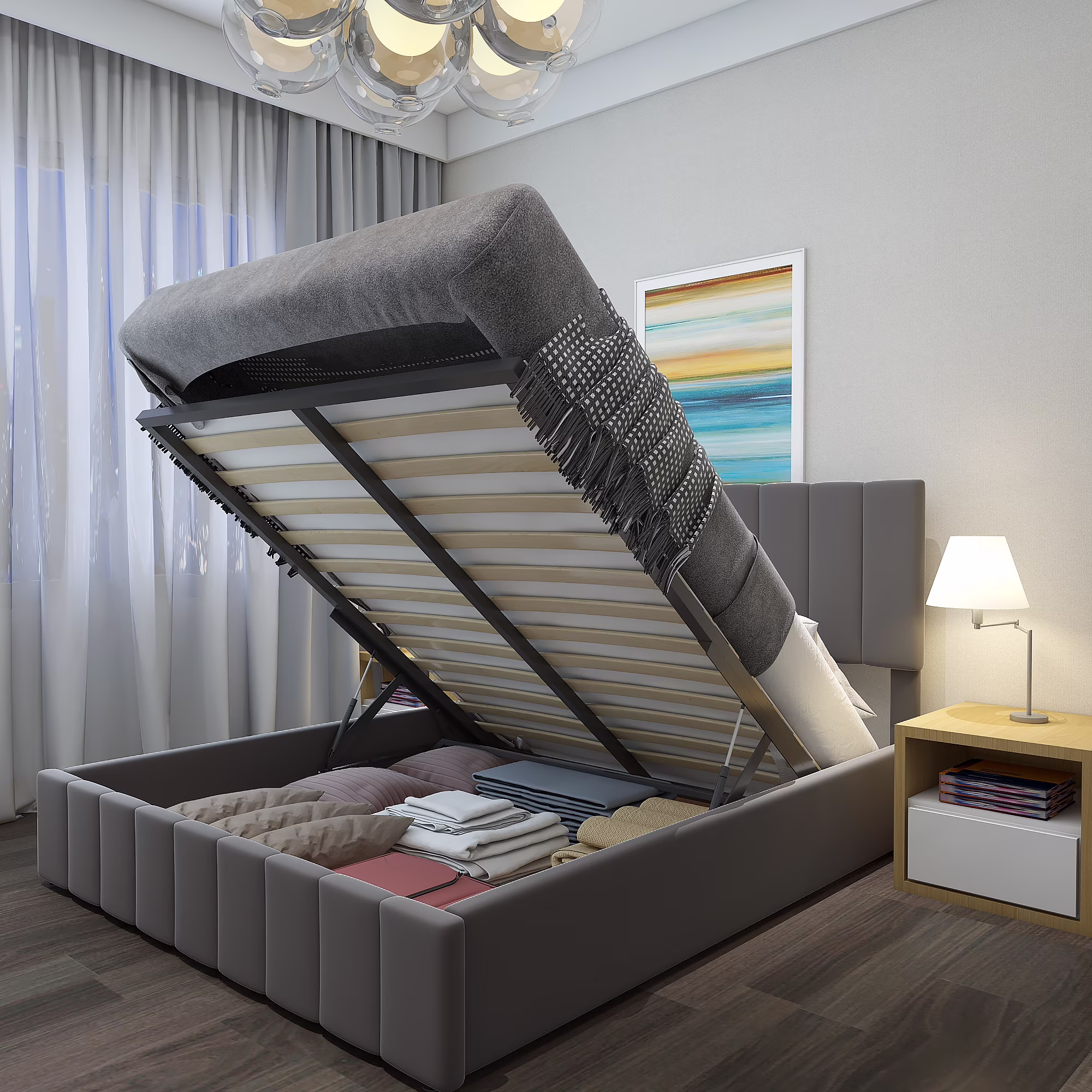 Upholstered Queen beds Gas Lift Up Storage Platform Bed Frame with Tufted Headboard Wooden Slat Support and Under Bed Storage