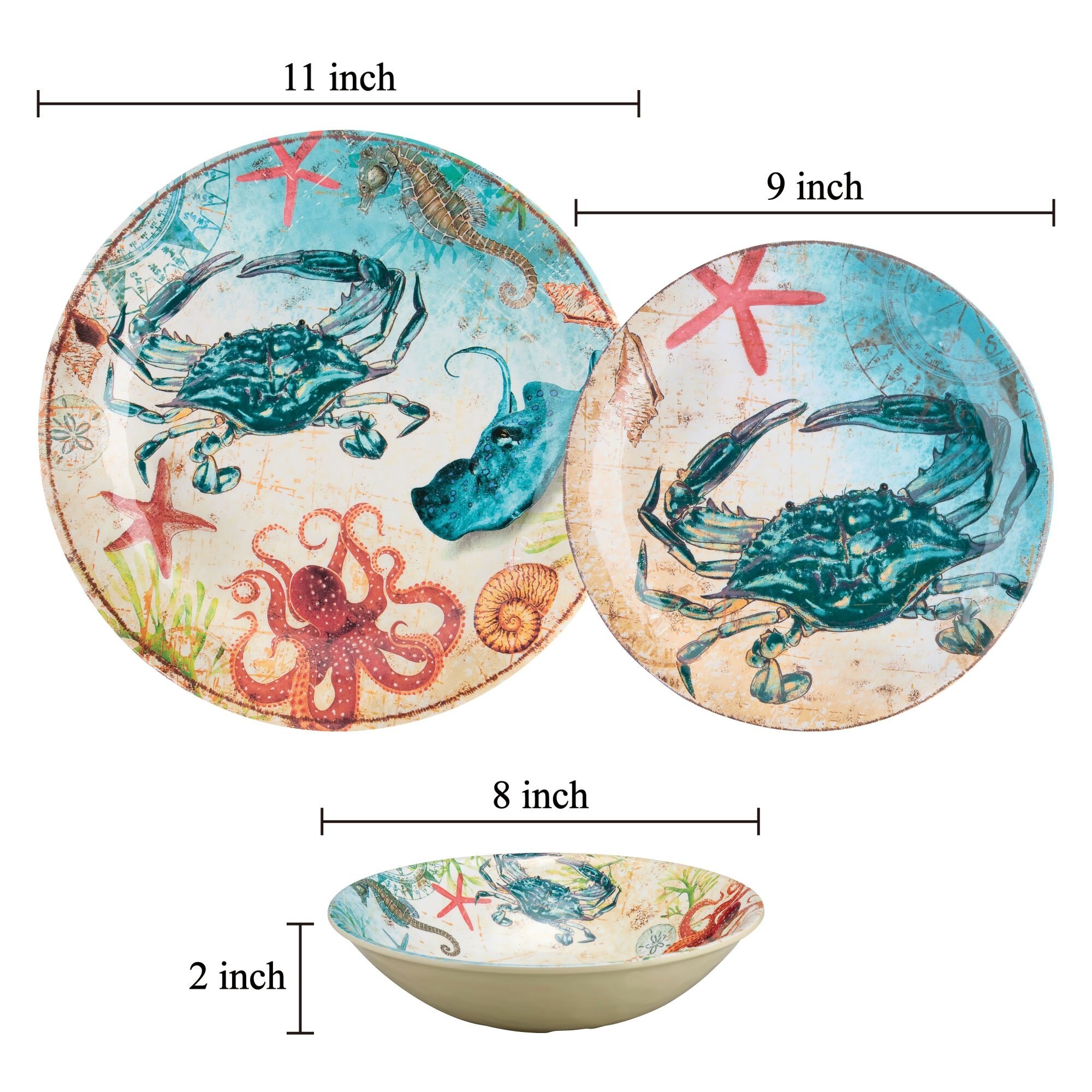 UPware 12-Piece Sealife Crab Melamine Dinnerware Set