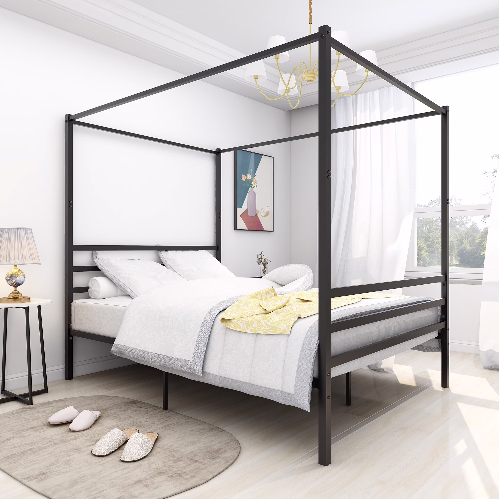 Dcenta Metal Canopy Bed Frame, Platform Bed Frame Queen with minimalism style Frame , Queen Black