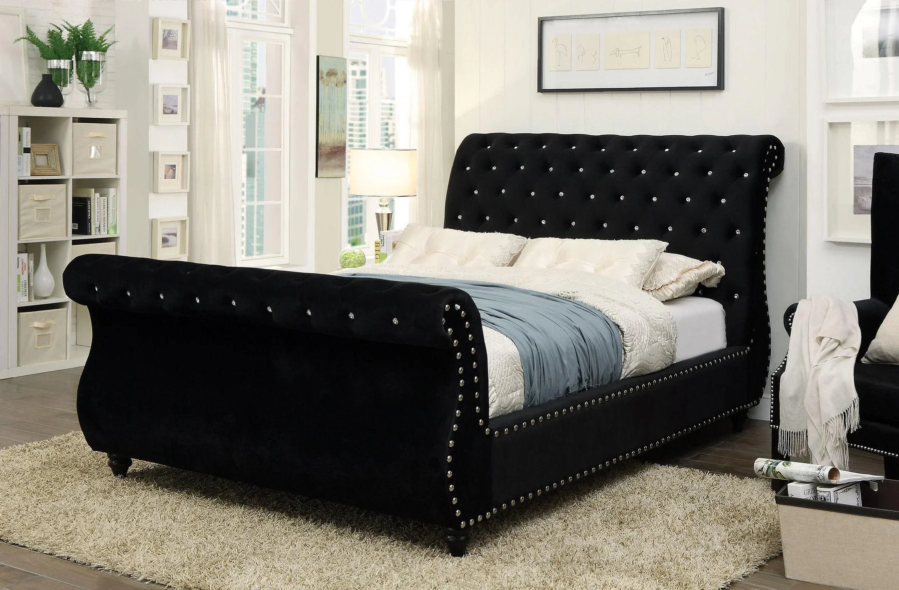 Glam Black Solid Wood King Bed Furniture of America CM7128BK-EK Noella