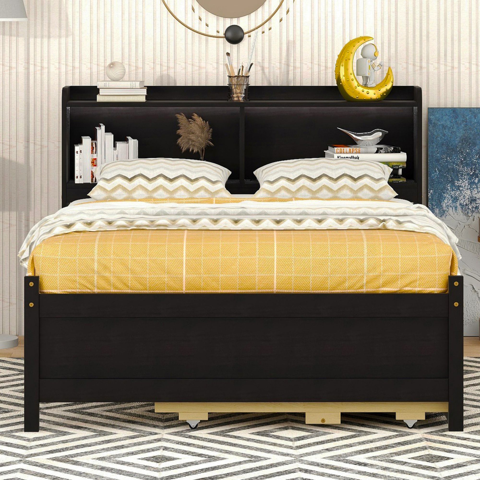 Wood Platform Bed with built-in USB ,Type-C Ports, LED light, Bookcase Headboard, Trundle and 3 Storage Drawers, Bed Frame Storage Bed w/ Wooden Slats for Boy Girl