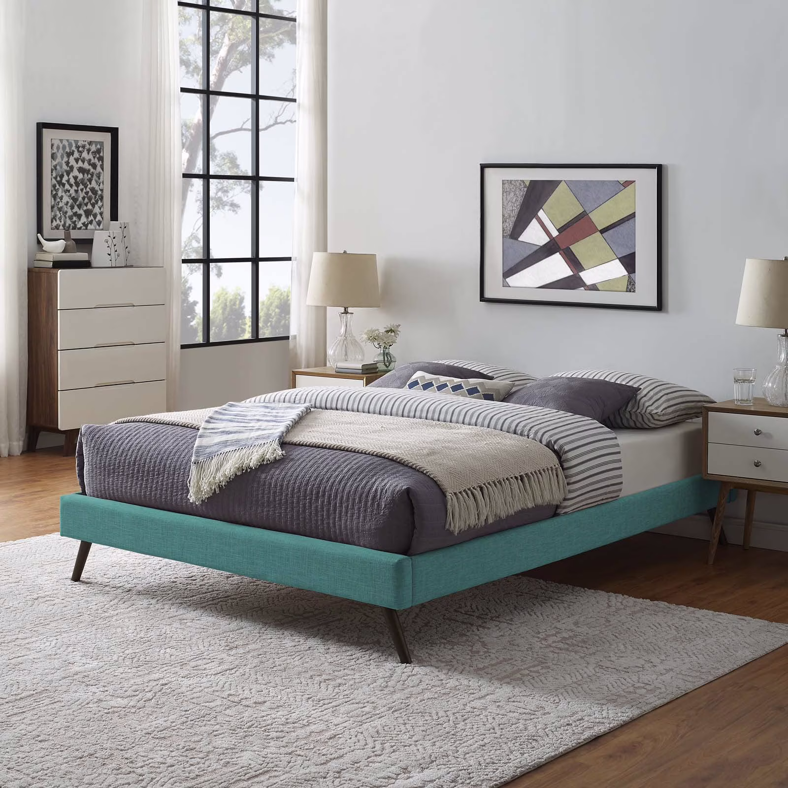 Modway Loryn King Fabric Bed Frame with Round Splayed Legs in Teal