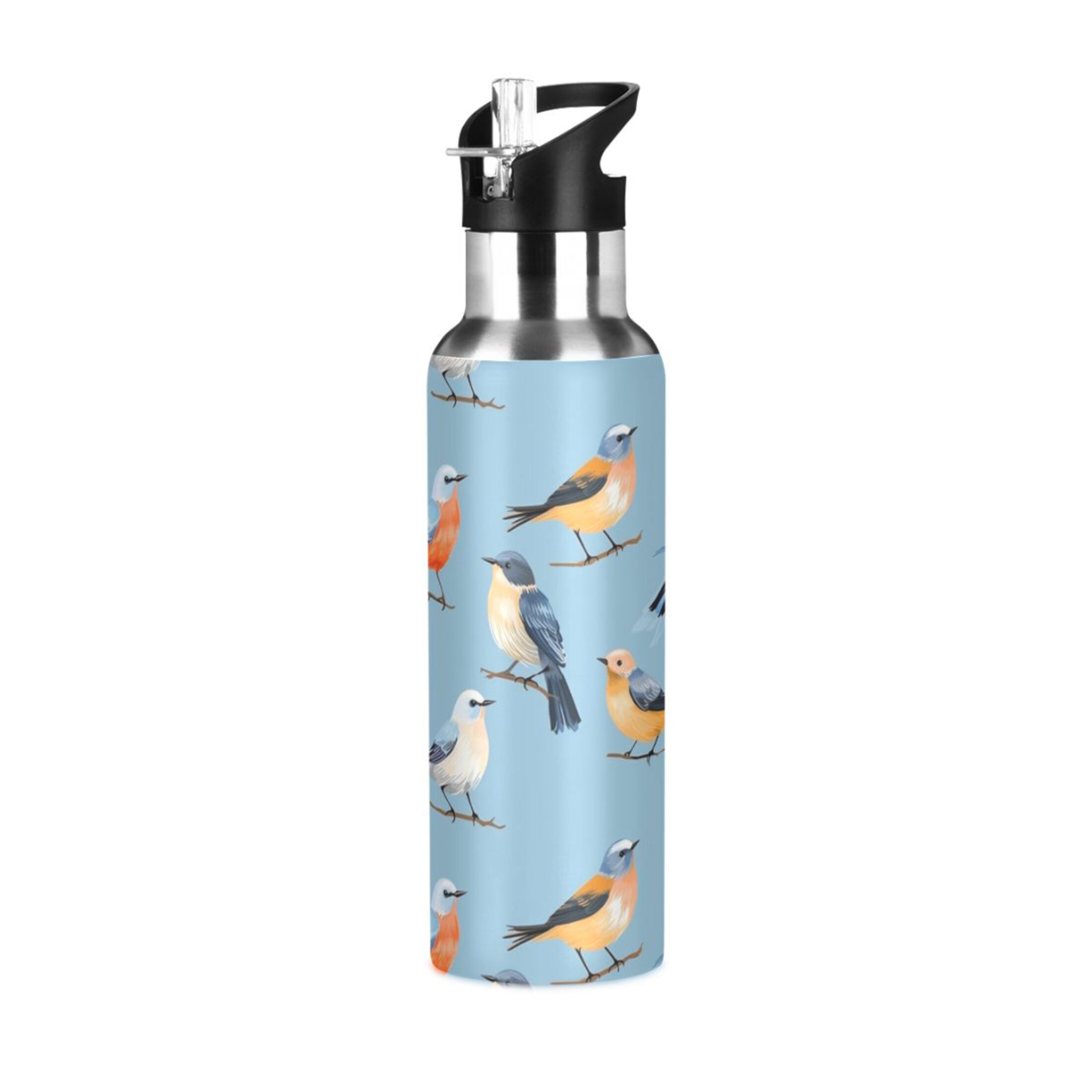 Birds on Blue Water Bottles Insulated Thermos Kids Stainless Steel Bottle with Straw Lid Flask Leakproof for Sports Gym 20 oz