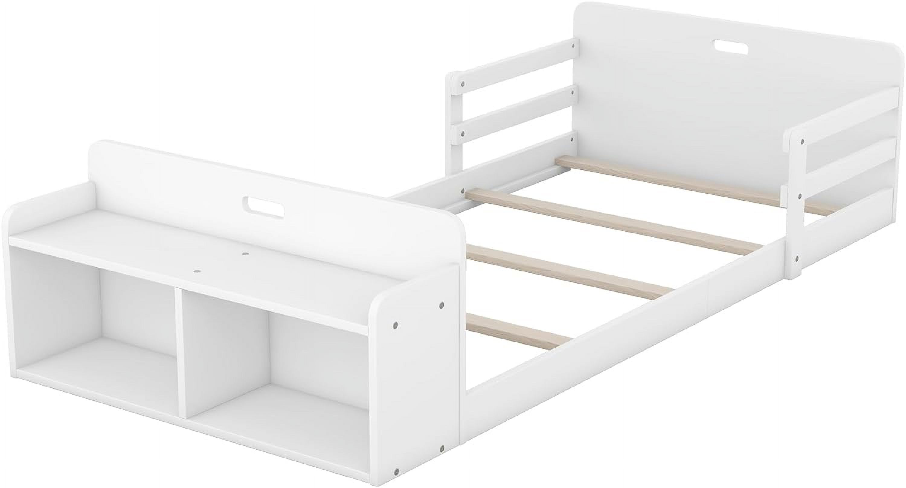 Twin Size Floor Bed, Sturdy Wood Montessori Bed Frame with Storage Footboard and Guardrail, Montessori House Bed for Kids