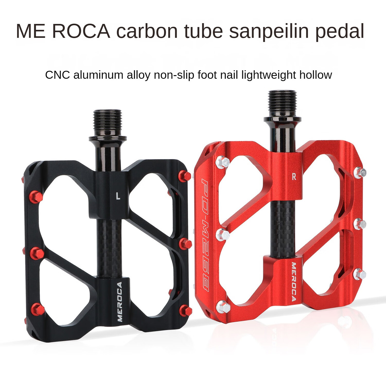MEROCA Mountain Bike 3 Bearing Carbon Tube Pedals, Load Pedals, Wider Pedals, Mountain Bike Pedals with Cleat Pins, Bike Accessories - 14mm Universal Version (Red)