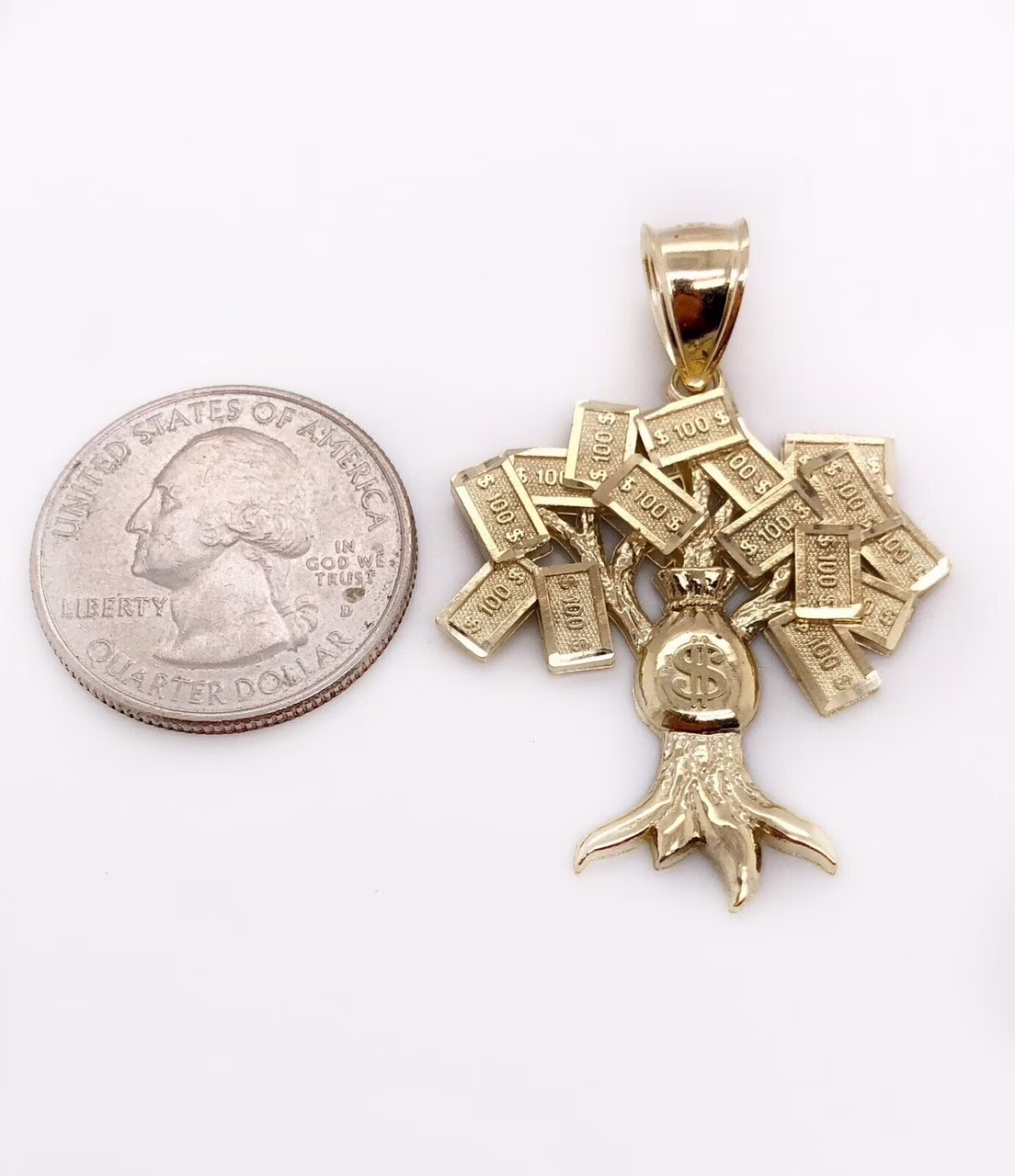 10K Yellow Gold Diamond Cut $100 Lucky Money Bag Tree Dollar Pendant 3.8 Gr Mens