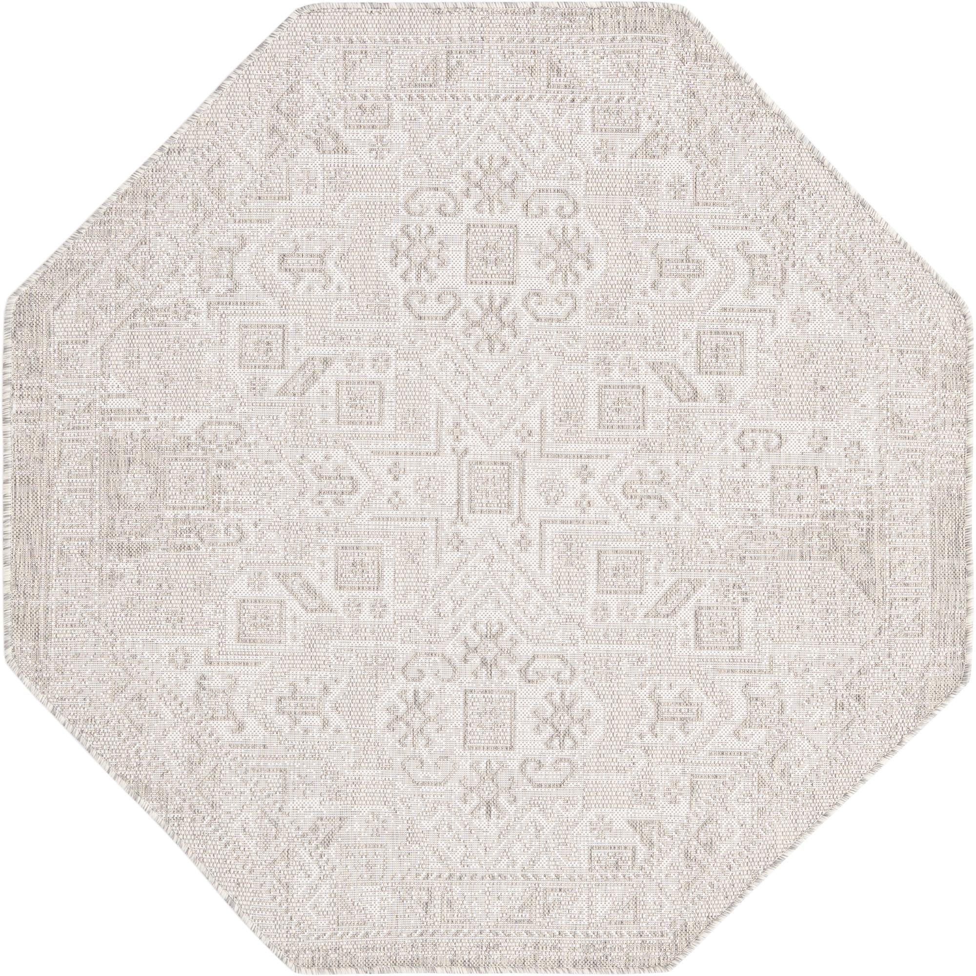 Rugs.com Outdoor Aztec Collection Rug – 5 Ft Octagon Light Gray Flatweave Rug Perfect For Living Rooms, Kitchens, Entryways