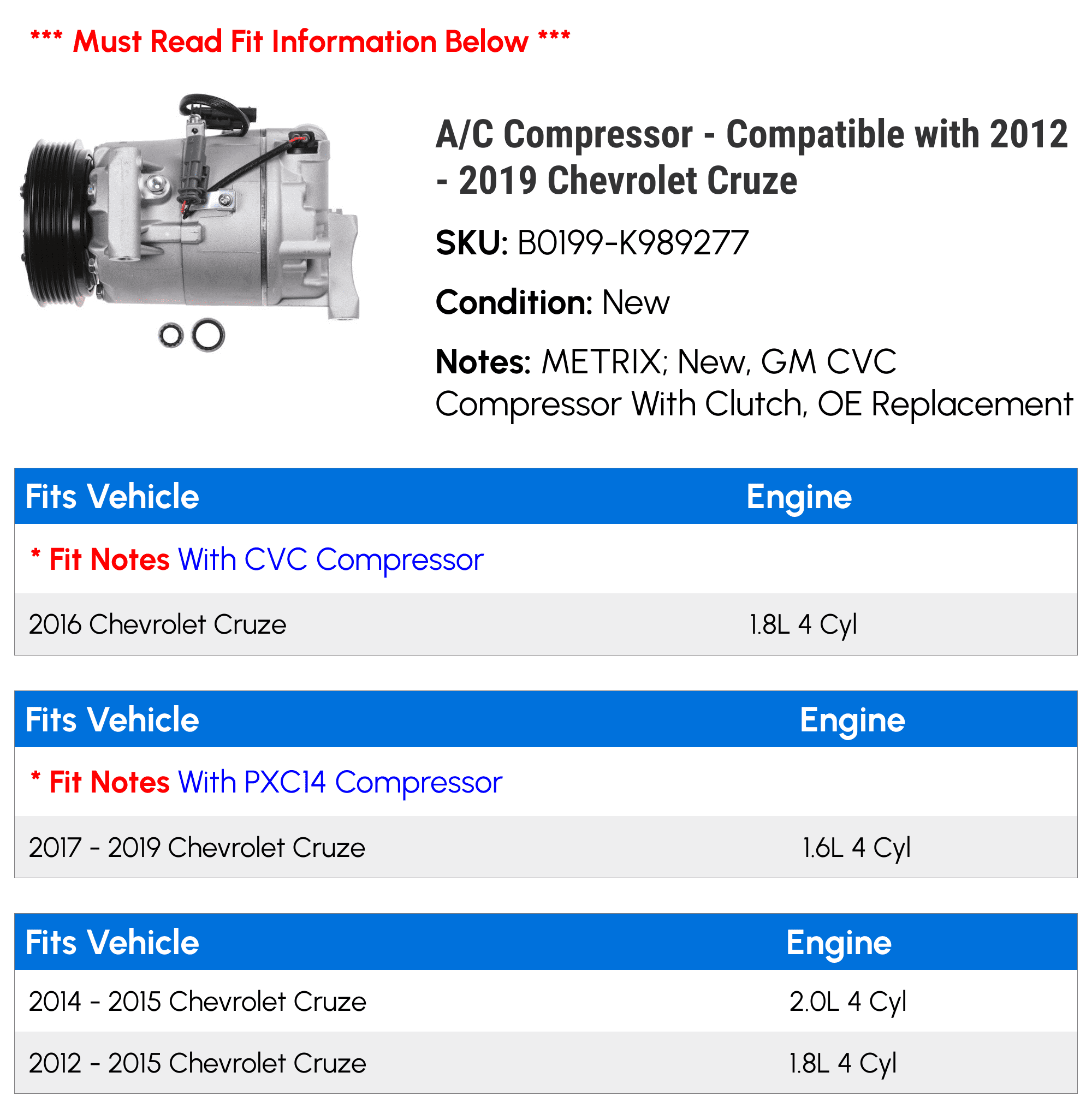 A/C Compressor - Compatible with 2012 - 2019 Chevy Cruze 2013 2014 2015 2016 2017 2018