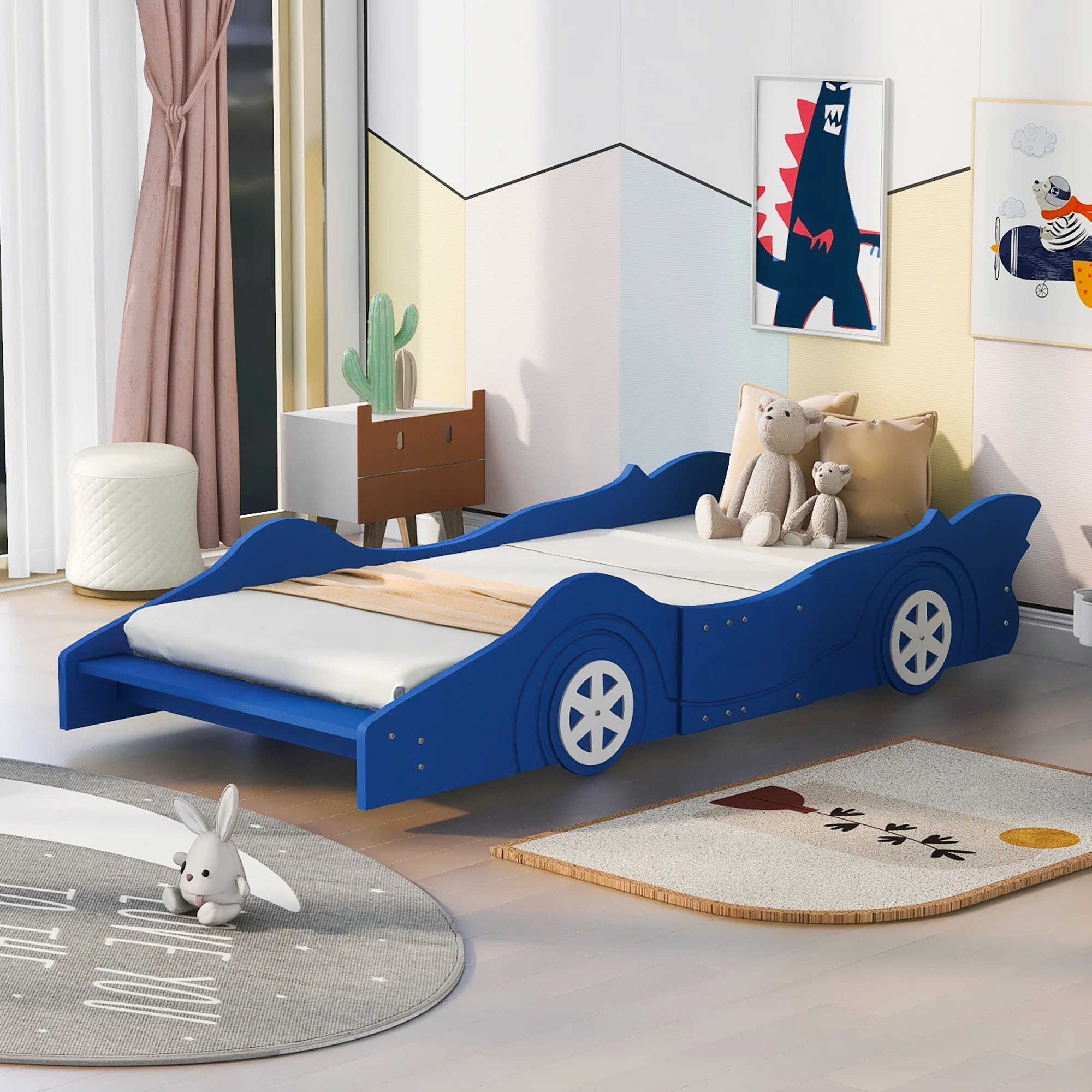 Sesslife Car-Shaped Twin Size Platform Bed with Wheels, Solid Wood Platform Bed for Kids Boys Girls, No Box Spring Needed, Lovely Twin Race Car-Shaped Bed Frame, Blue