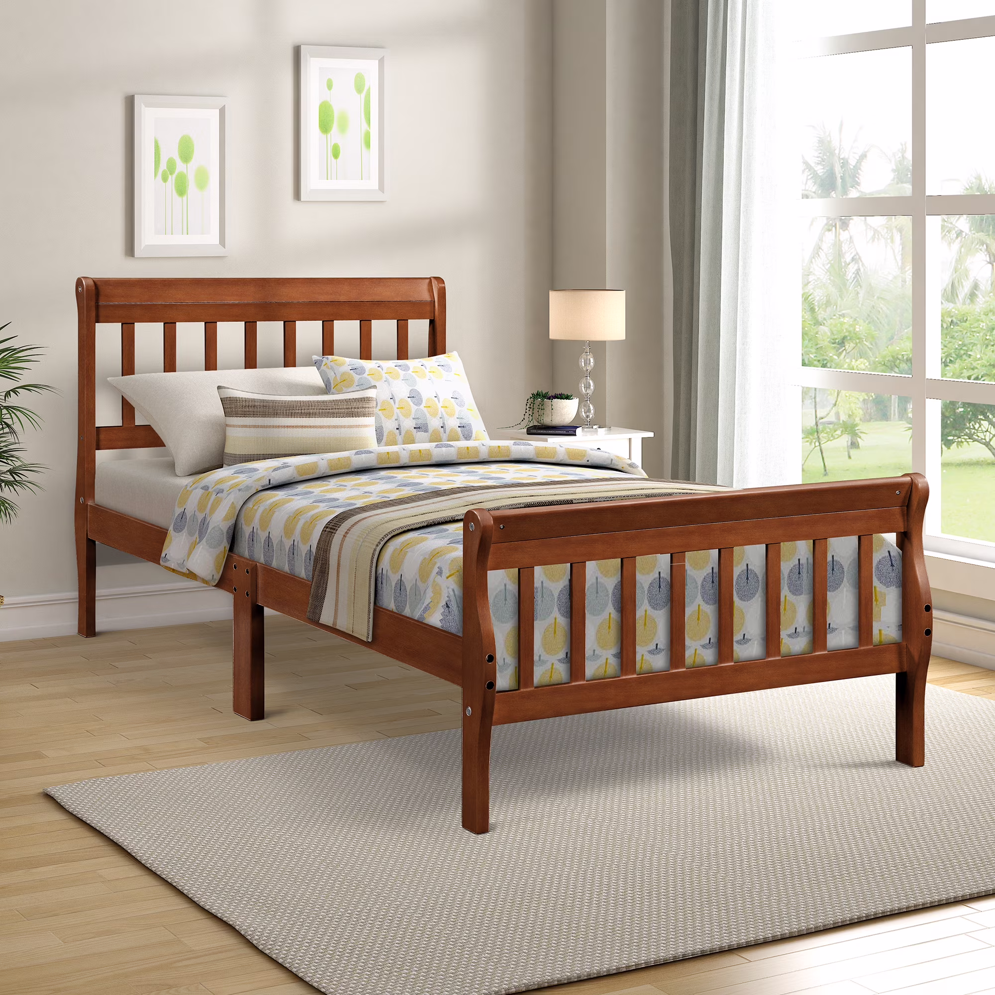 Gewnee Wood Twin Size Platform Bed Frame with Headboard and Footboard,Oak