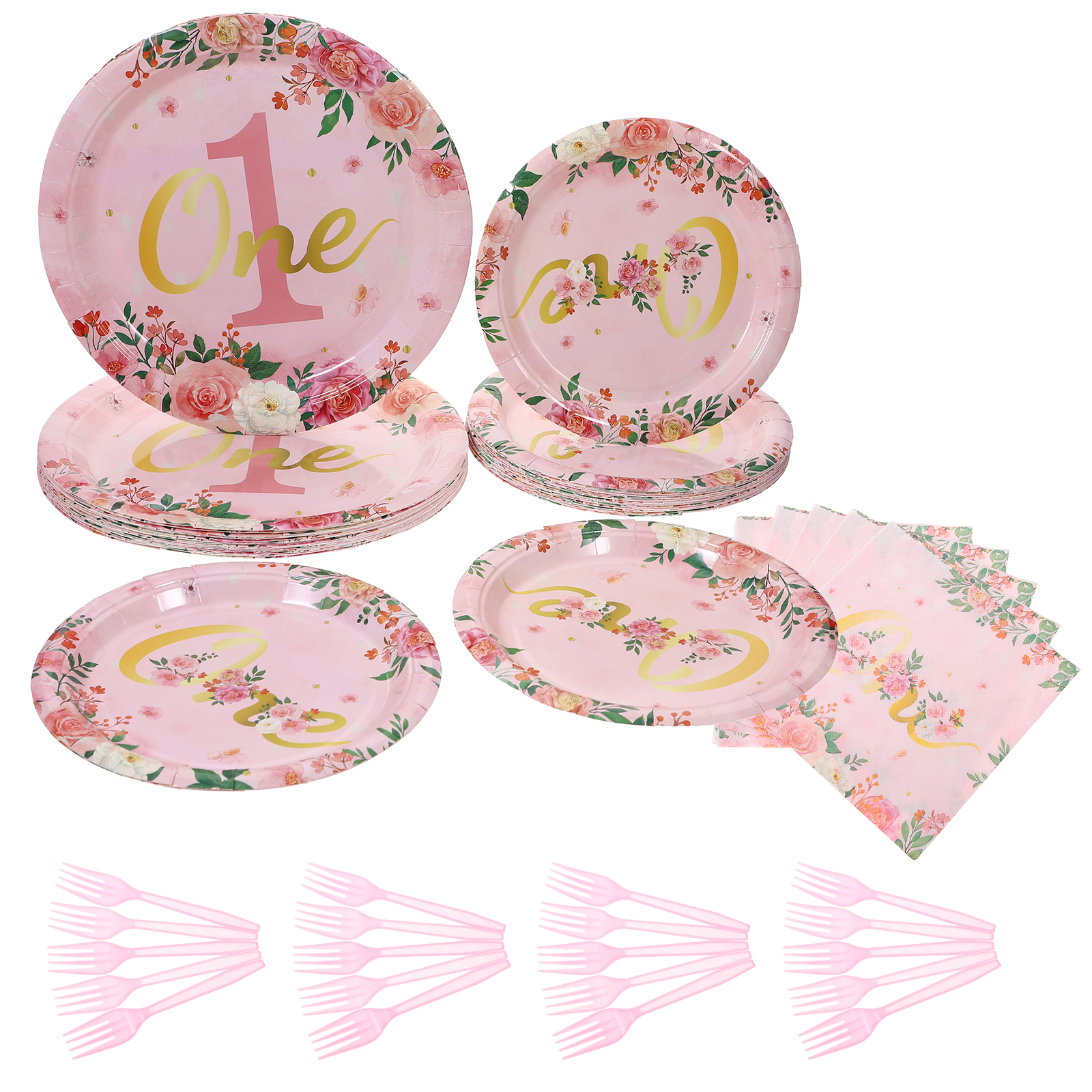 Etereauty 1 Set Girls First Birthday Party Supplies Paper Plates Napkins Forks Tableware
