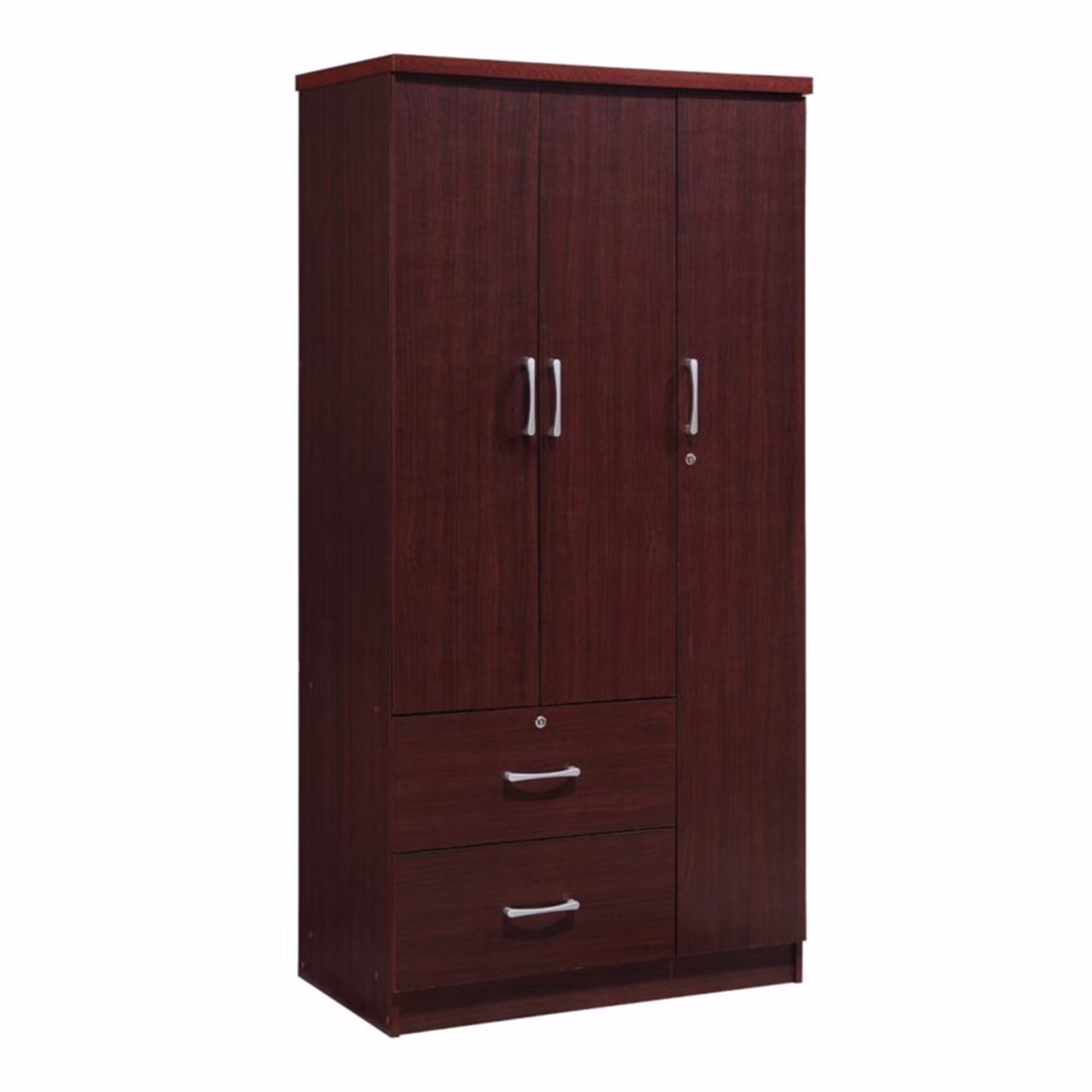 Hodedah Import 3 Door Armoire with Rod, Shelves, and 2 Drawers, Mahogany