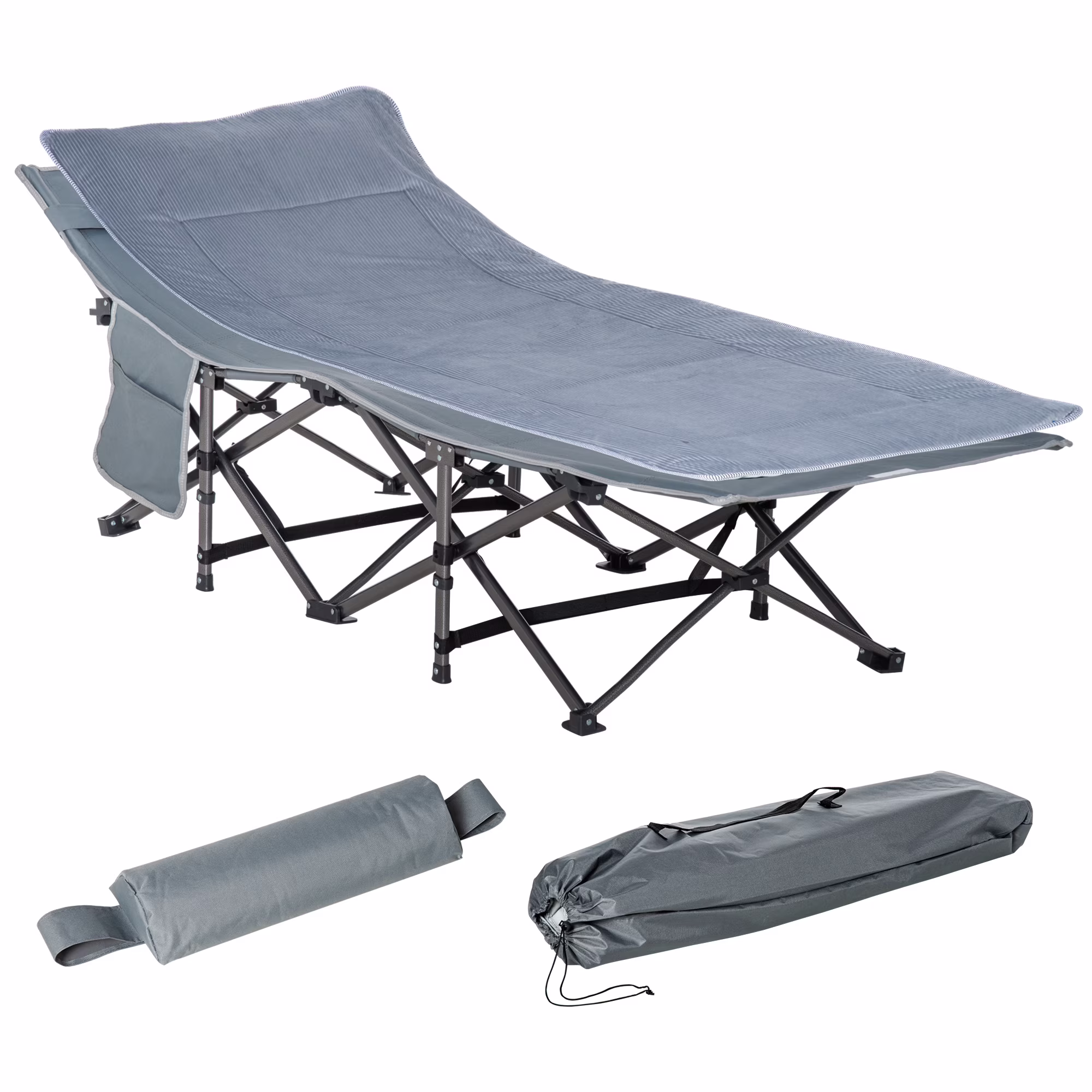Outsunny Folding Camping Cot, Double Layer Heavy Duty Sleeping Cot with Carry Bag, Headrest, 2-Sided Reversible Mattress, Portable & Lightweight Cot Bed, Gray