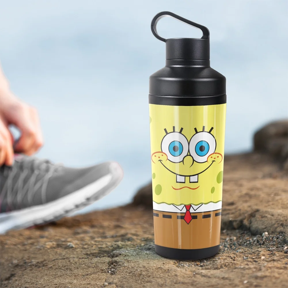 Spongebob Official Dual Face 18 oz Insulated Water Bottle, Leak Resistant, Vacuum Insulated Stainless Steel with 2-in-1 Loop Cap