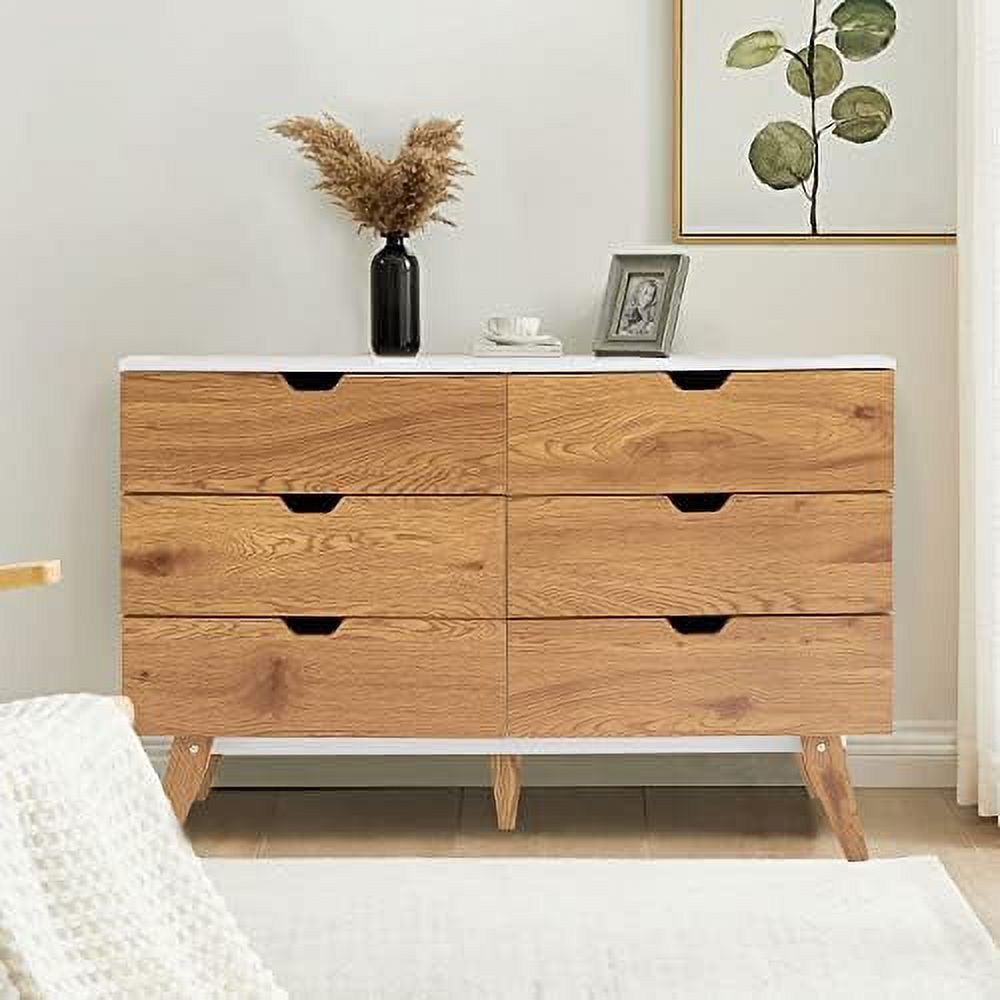 TJUNBOLIFE 6 Drawer Dresser  Mid-Century Modern Dresser Wide 6 Chest of Drawers  Wooden  Cabinet for Entryway  Bedroom  Living Room  Hallway