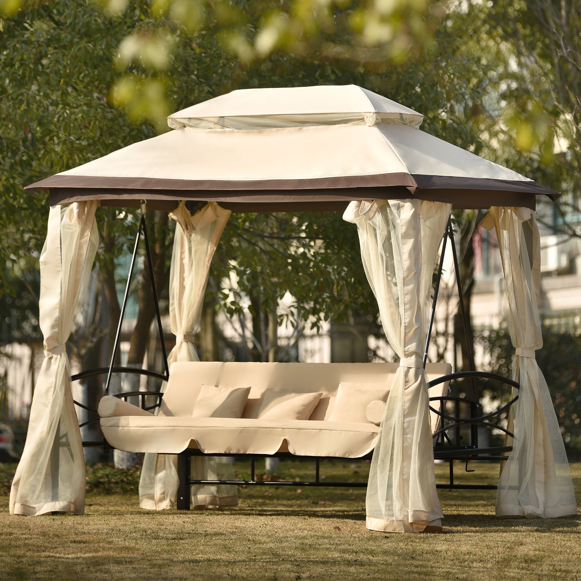 8.9 Ft. W x 5.9 Ft. D Outdoor Gazebo with Convertible Swing Bench, Double Roof Soft Canopy Gazebo with Mosquito Netting Beige