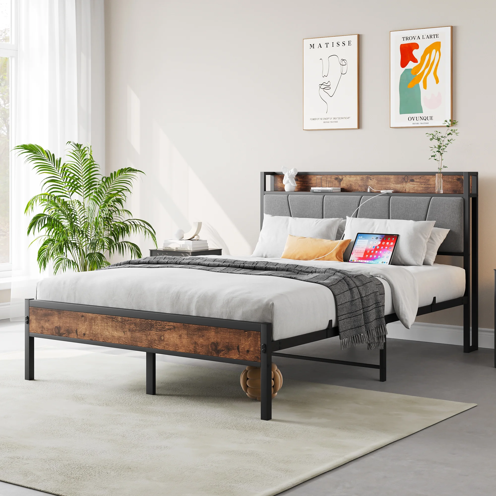 paproos Full Metal Platform Bed, Queen Steel Bed with Vintage Headboard, Black Metal Bed Frame with Heavy Duty Steel Slats, Storage Headboard with Charging Station, No Box Spring Needed, Easy Assembly