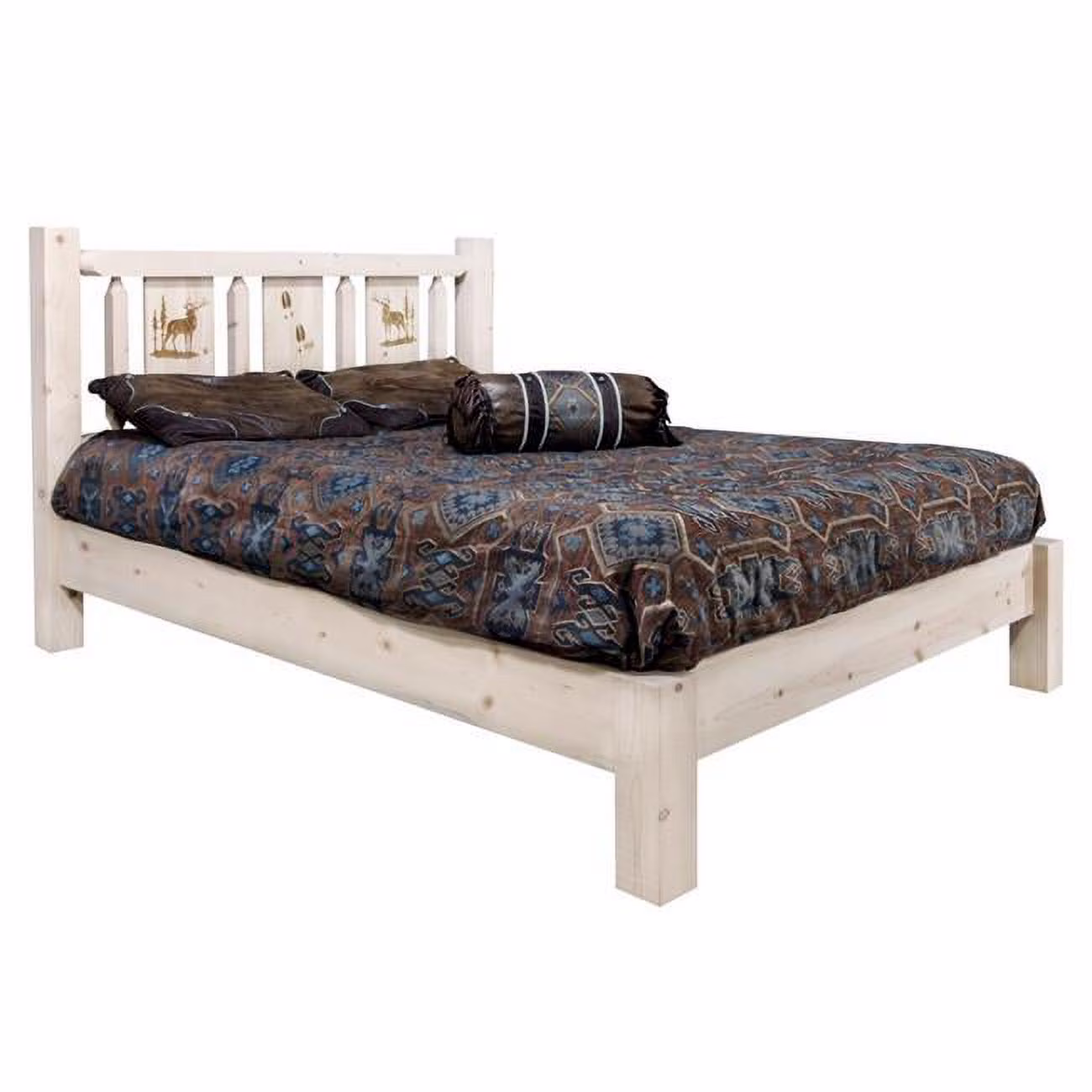 Homestead Collection Full Size Platform Bed with Laser Engraved Elk Design, Ready to Finish