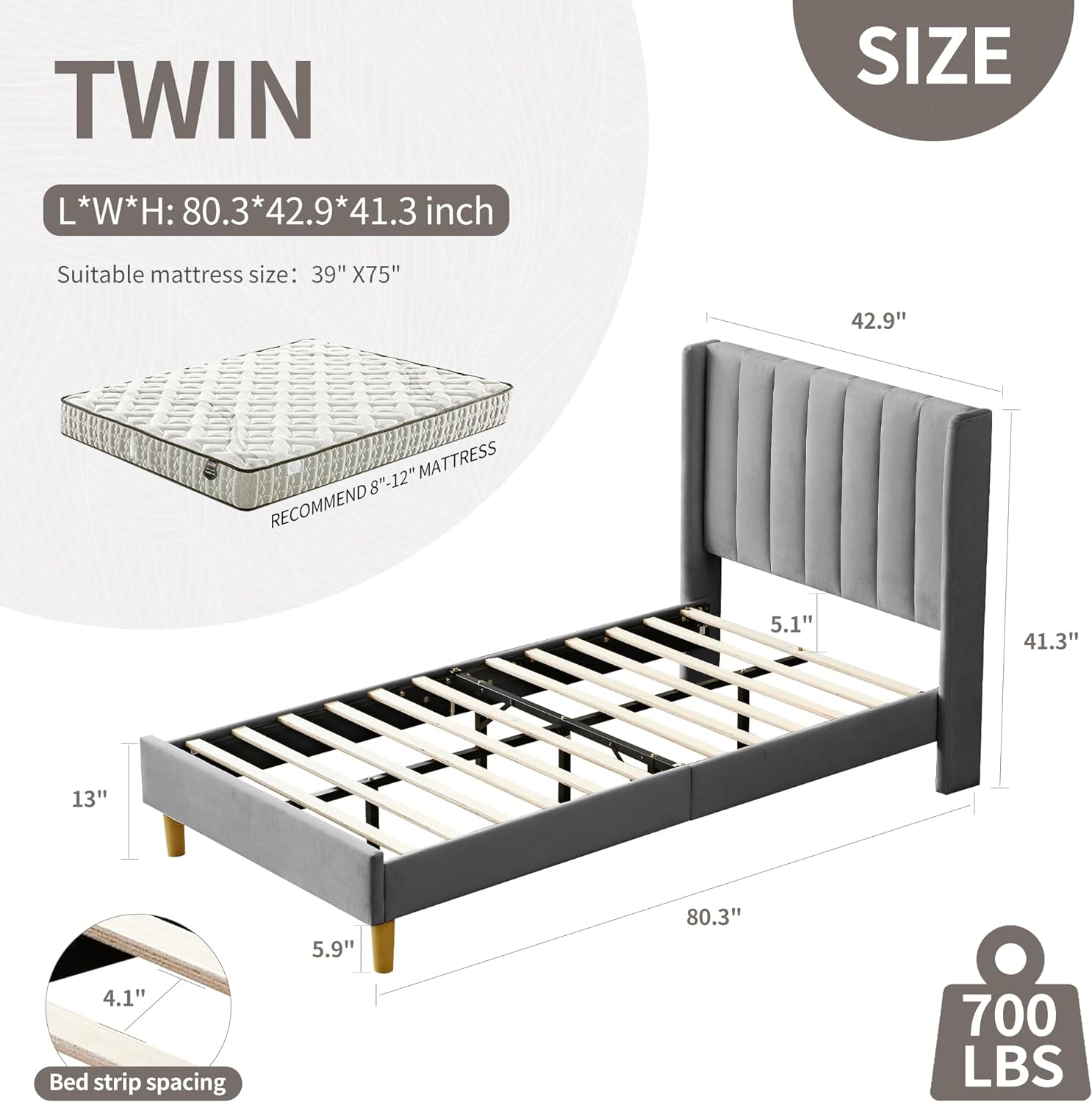 QCAI upholstered Platform Bed Frame/Twin Bed Frame/Modern Geometric Double-Wing Design headboard/Flannel and Linen Fabric/Easy to Assemble no Noise (Grey, Twin)