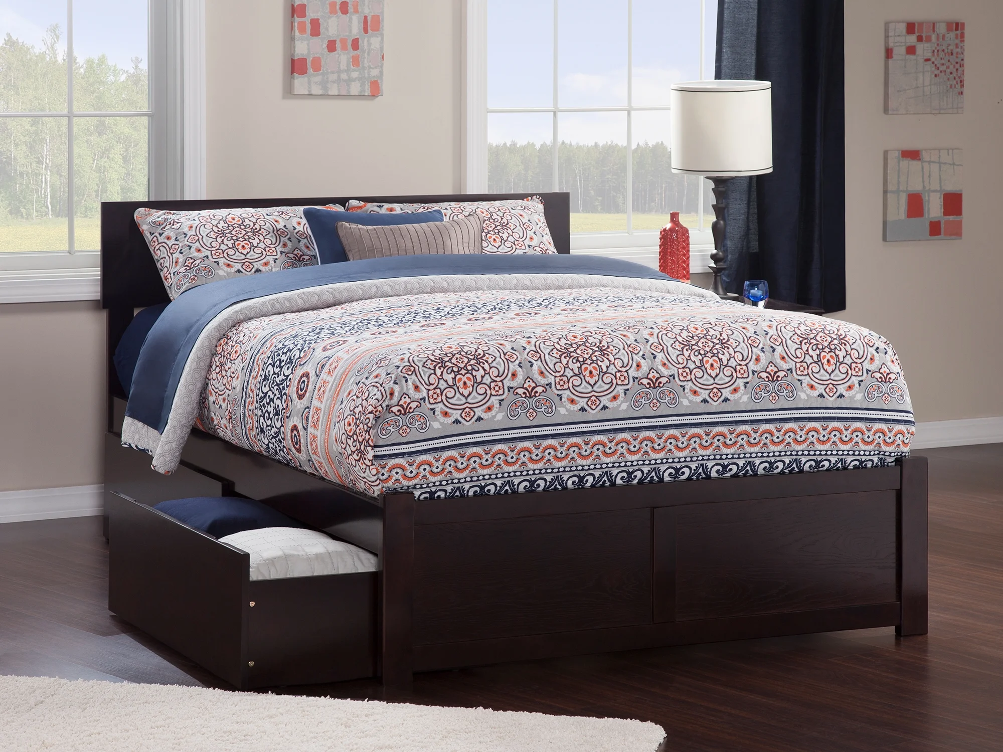Orlando Platform Bed with Flat Panel Foot Board and 2 Urban Bed Drawers, Multiple Colors, Multiple Sizes