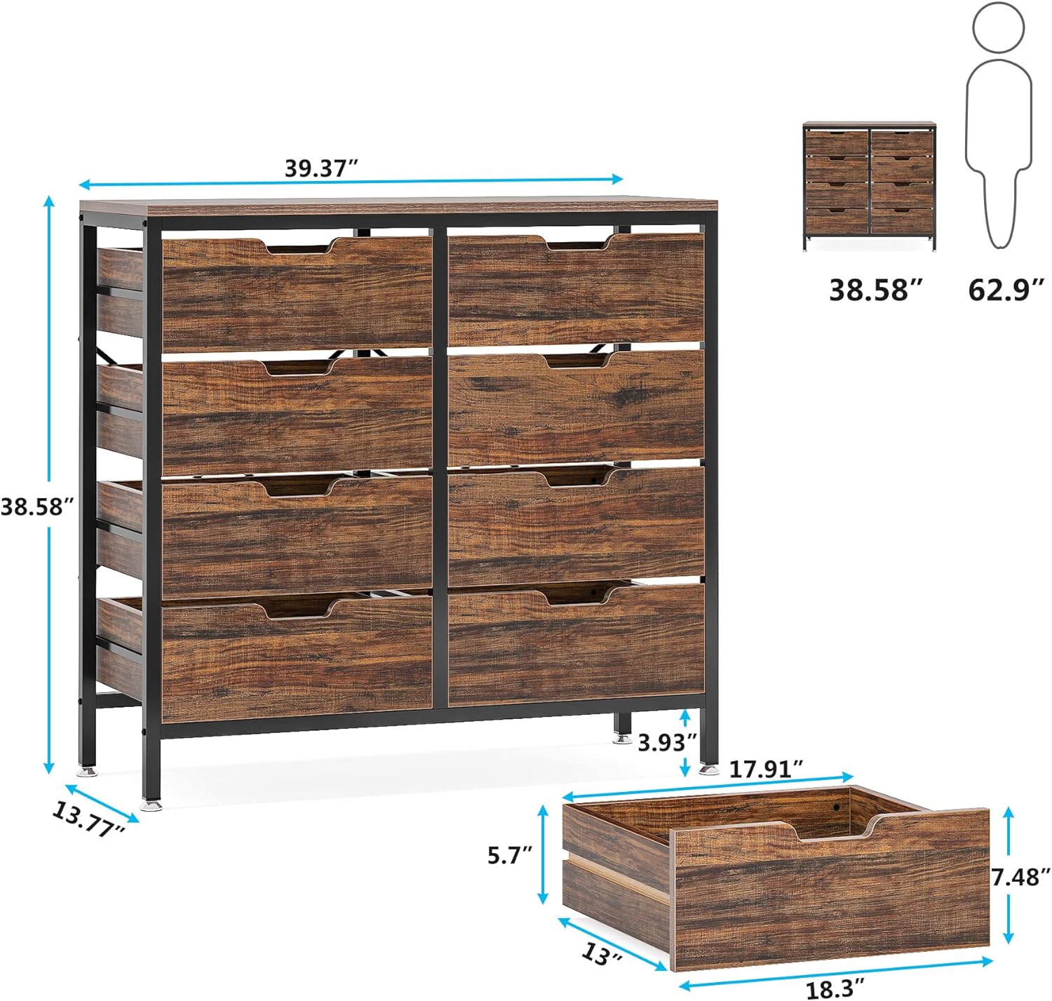 8 Drawer Dresser  Wooden Tall Chest of Drawers with Ventilation Drawers   Dresser for Bedroom  Living Room  Entryway  Rustic Brown