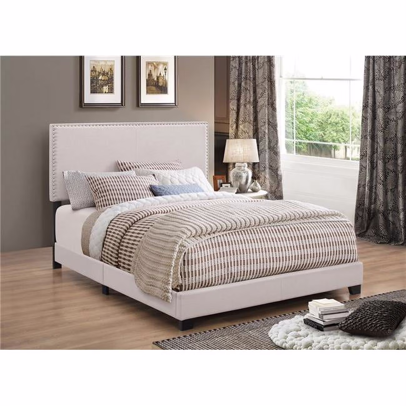 Benzara Fabric Upholstered Queen Size Platform Bed with Nail Head Trim, Ivory-Color:Ivory