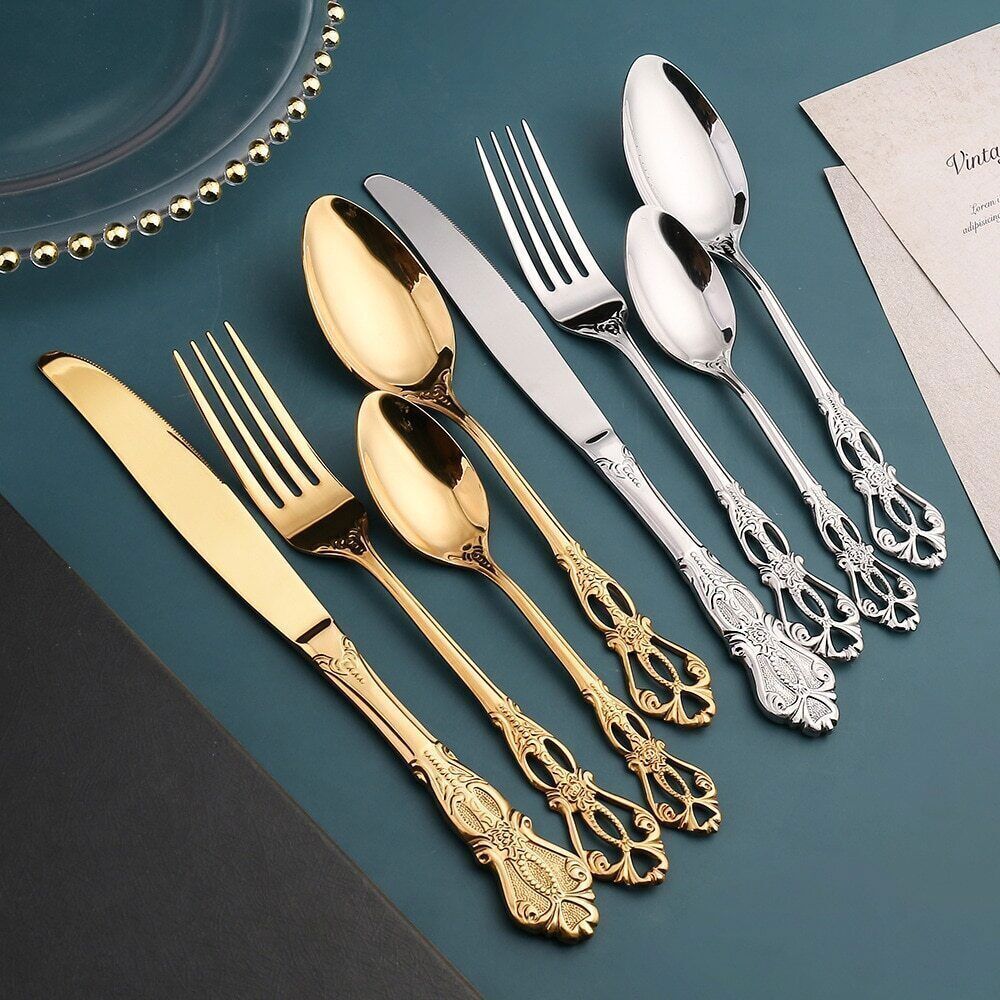 24pcs Cutlery Set Gold Dinnerware Spoon Dinner Silverware Tableware Gifts