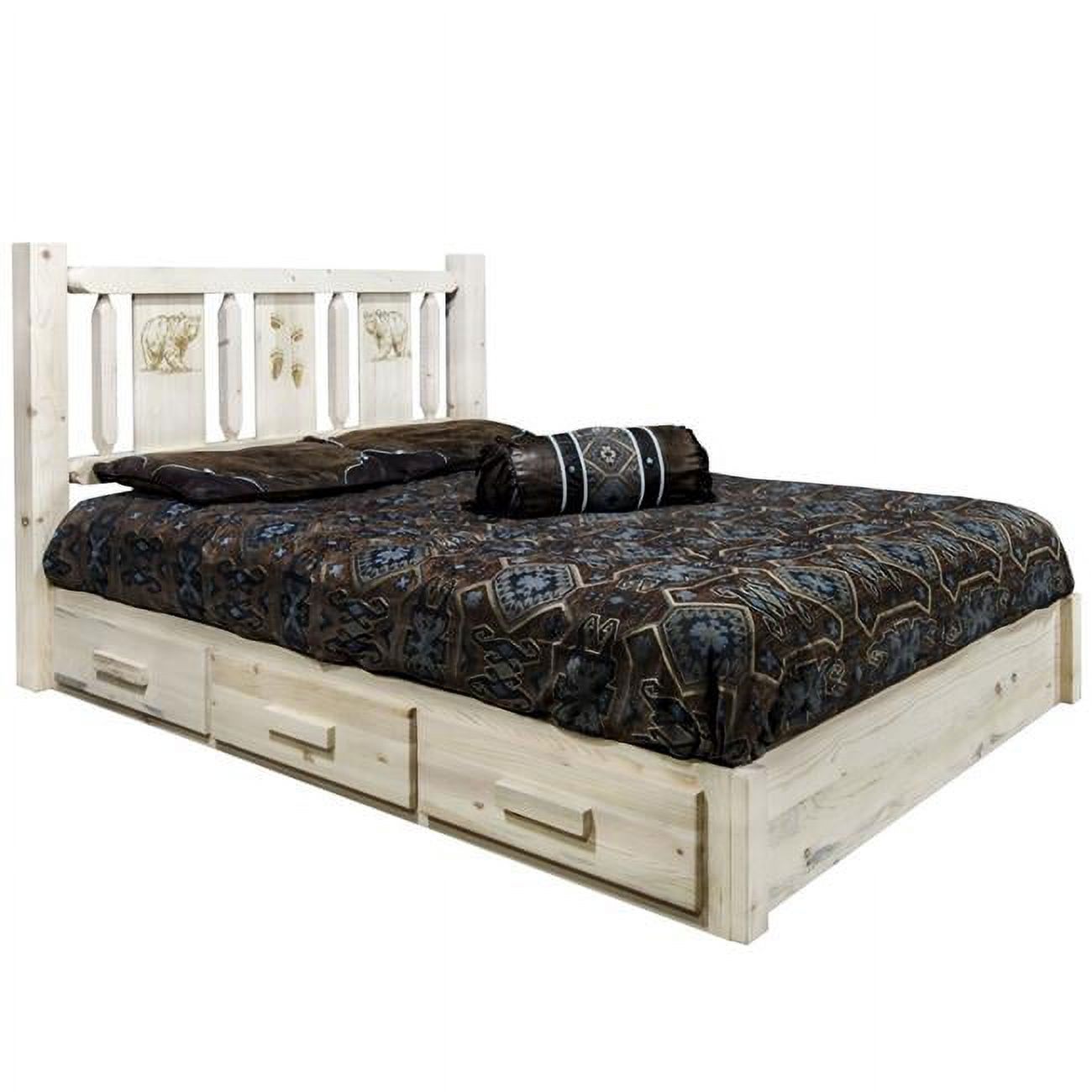 Homestead Collection Platform Bed with Storage, Queen with Laser Engraved Bear Design, Ready to Finish