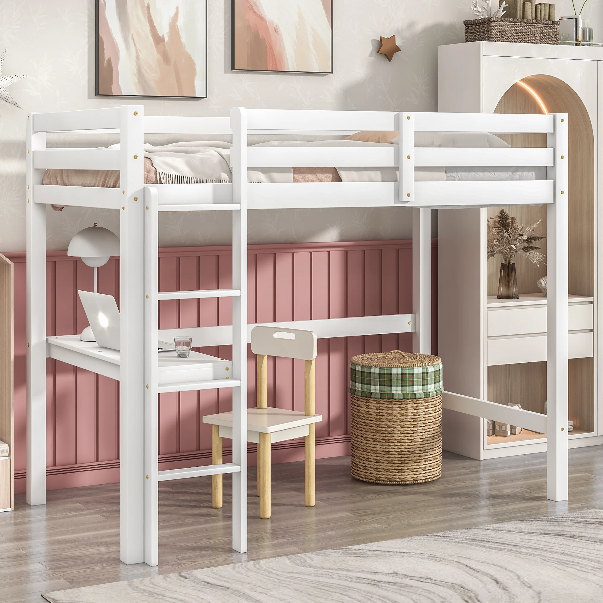 iRerts Twin Loft Bed Frame for Kids Boys Girls, Modern Twin Wood Loft Bed with Desk, Kids Twin Loft Bed with Ladder and Guardrail, No Box Spring Needed, Twin Size Loft Bed for Bedroom Apartment, White