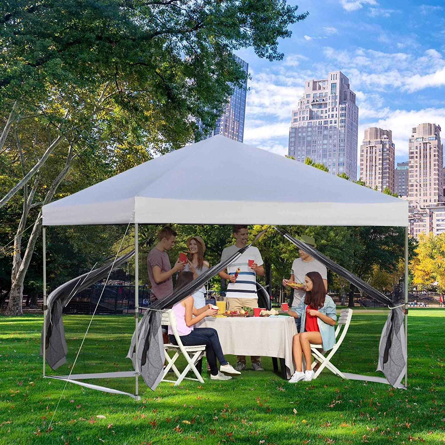 Dcenta 10 x 10 INCH Pop Up Canopy Portable Folding Tent Gazebo Outdoor with Removable Sidewalls Mesh Curtains Carrying Bag White