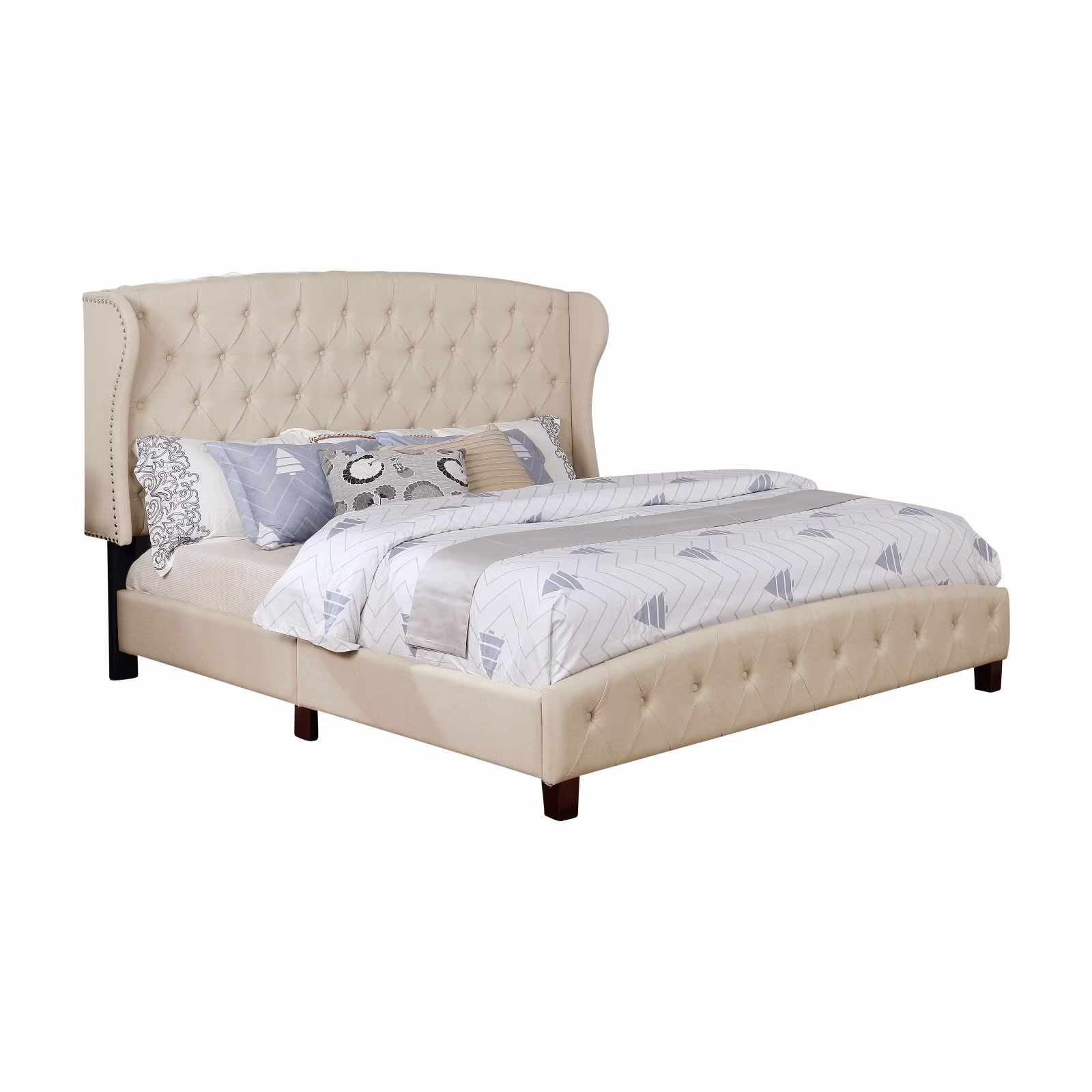 Leonel Signature Queen Size Upholstered Shelter Bed Nailhead Trim, Multiple Colors