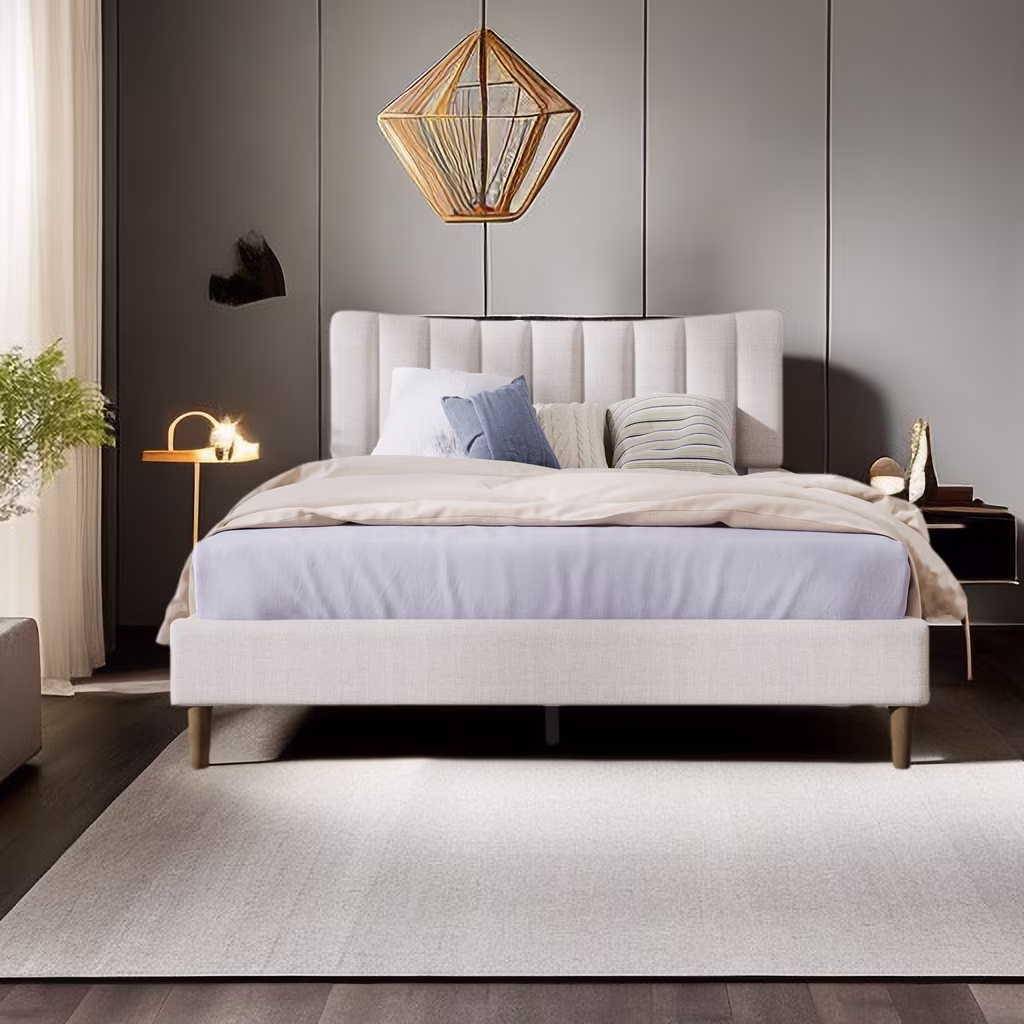 Upholstered Platform Bed Frame with Vertical Channel Tufted Headboard, No Box Spring Needed, Queen
