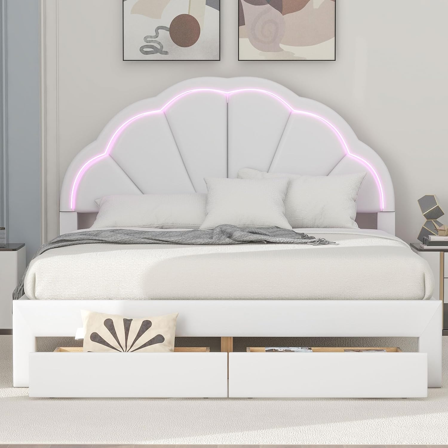 Queen Size Upholstered Platform Bed Frame for Boys Girls Kids Adults Toddler with Seashell Shaped Headboard, LED and 2 Drawers