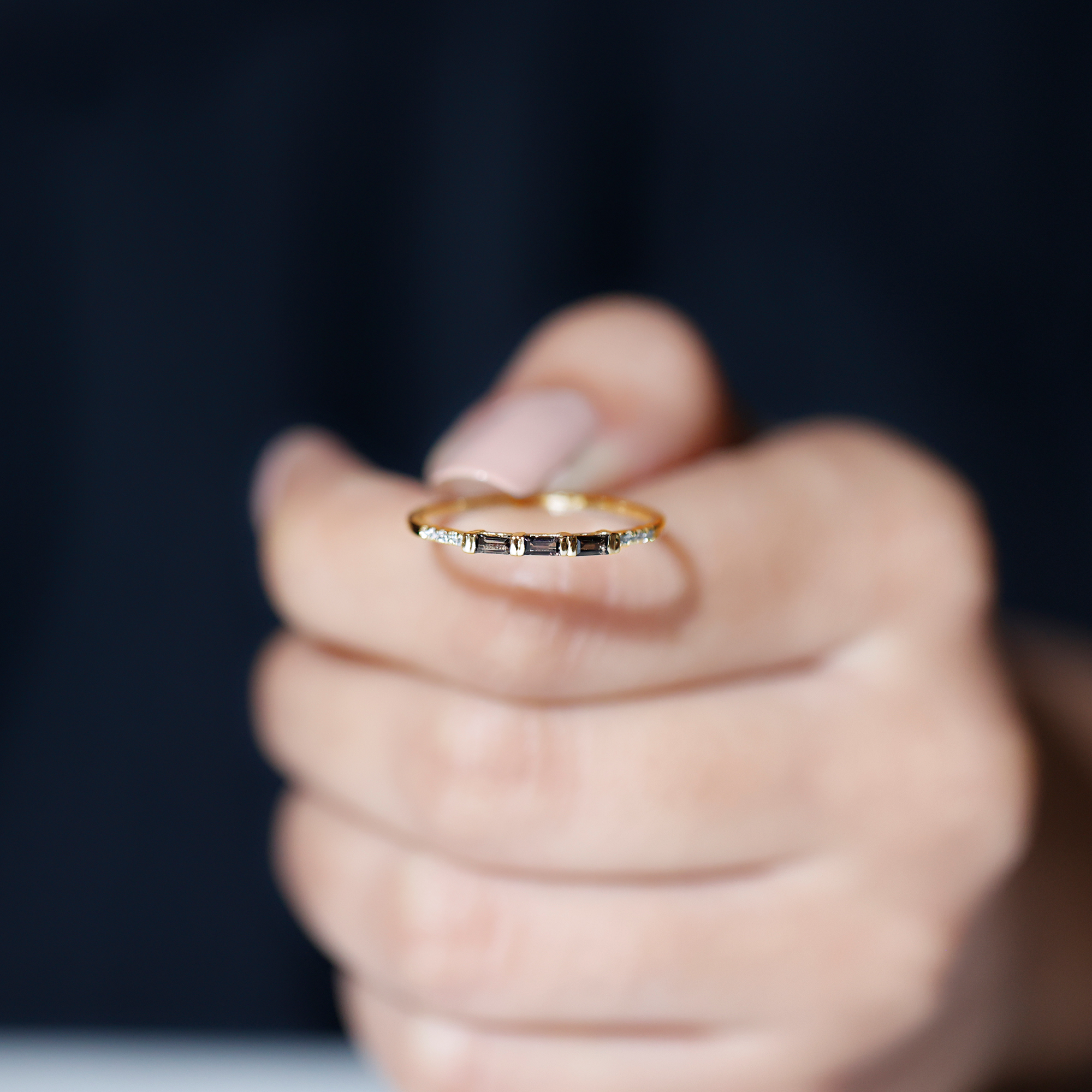 1/4 CT Bar Set Smoky Quartz and Diamond Three Stone Stackable Ring, 10K Yellow Gold, US 6.50