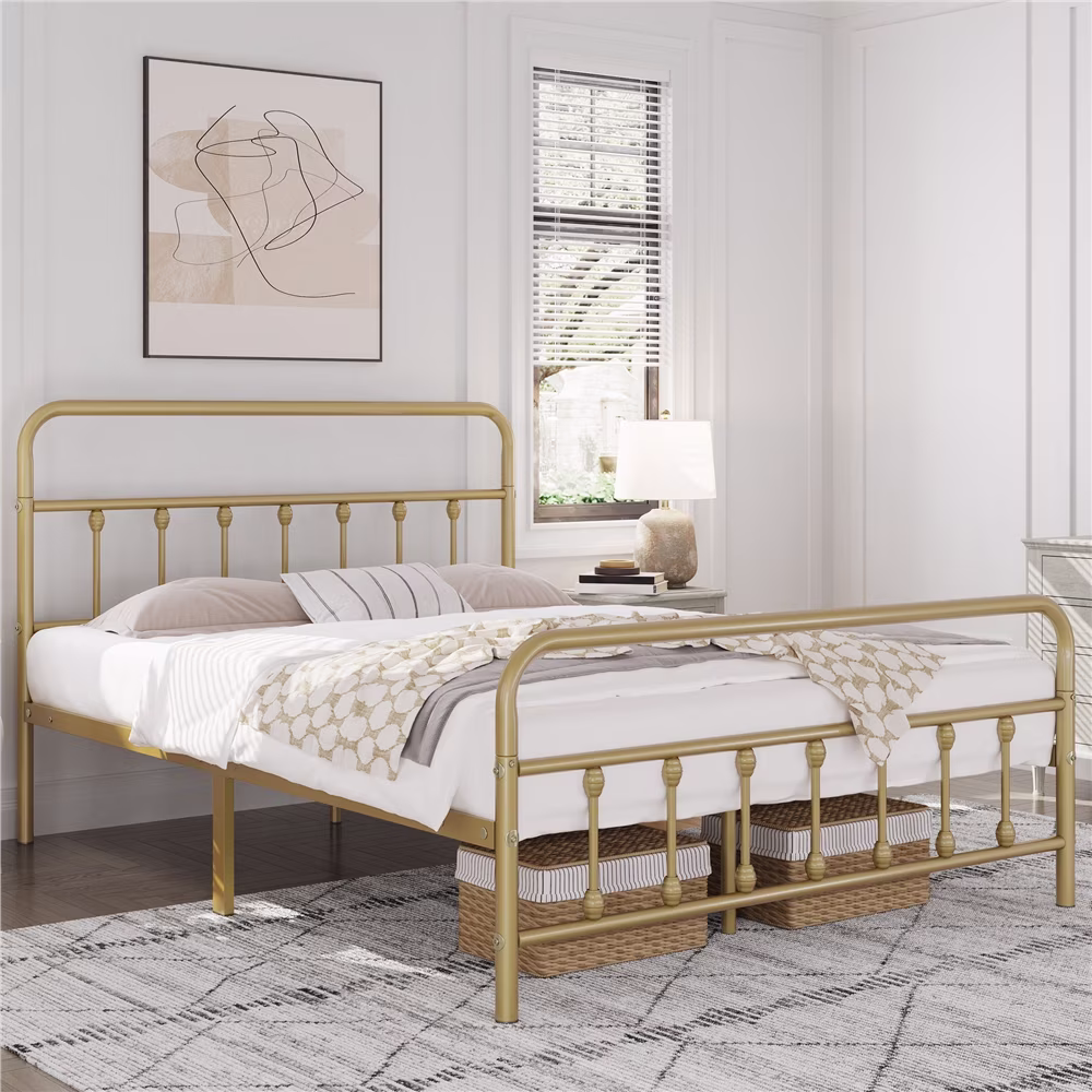 Yaheetech Classic Platform Bed with High Headboard and Footboard,Full,Antique Gold