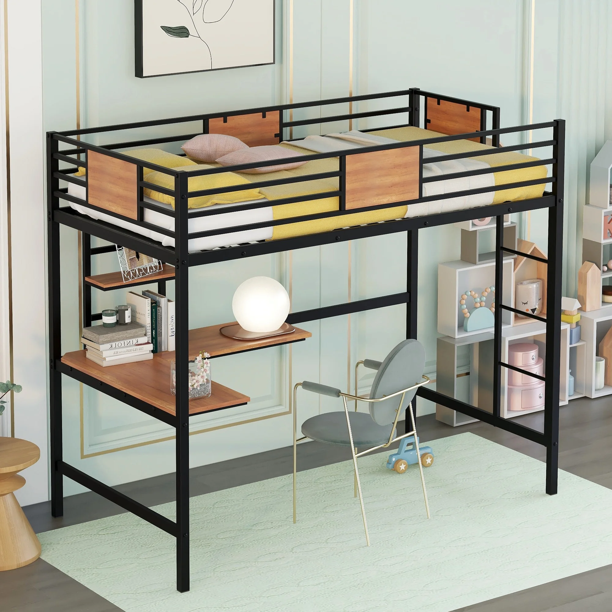 Bellemave Twin Metal Loft Bed with L-Shape Desk and Shelve,Sturdy Metal Loft Bed Frame with Guardrail for Kids,Teens, Black