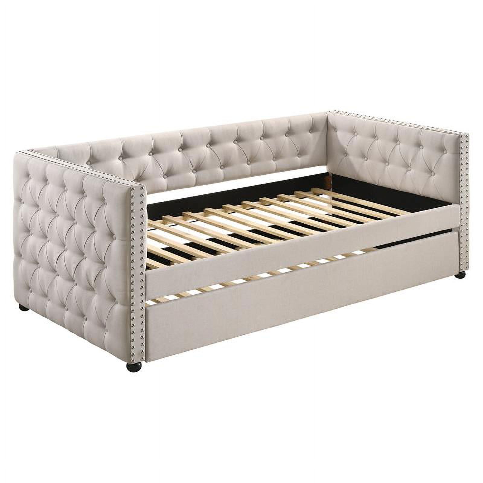 Bowery Hill Button Tufted Fabric Upholstered Twin Daybed and Trundle in Beige