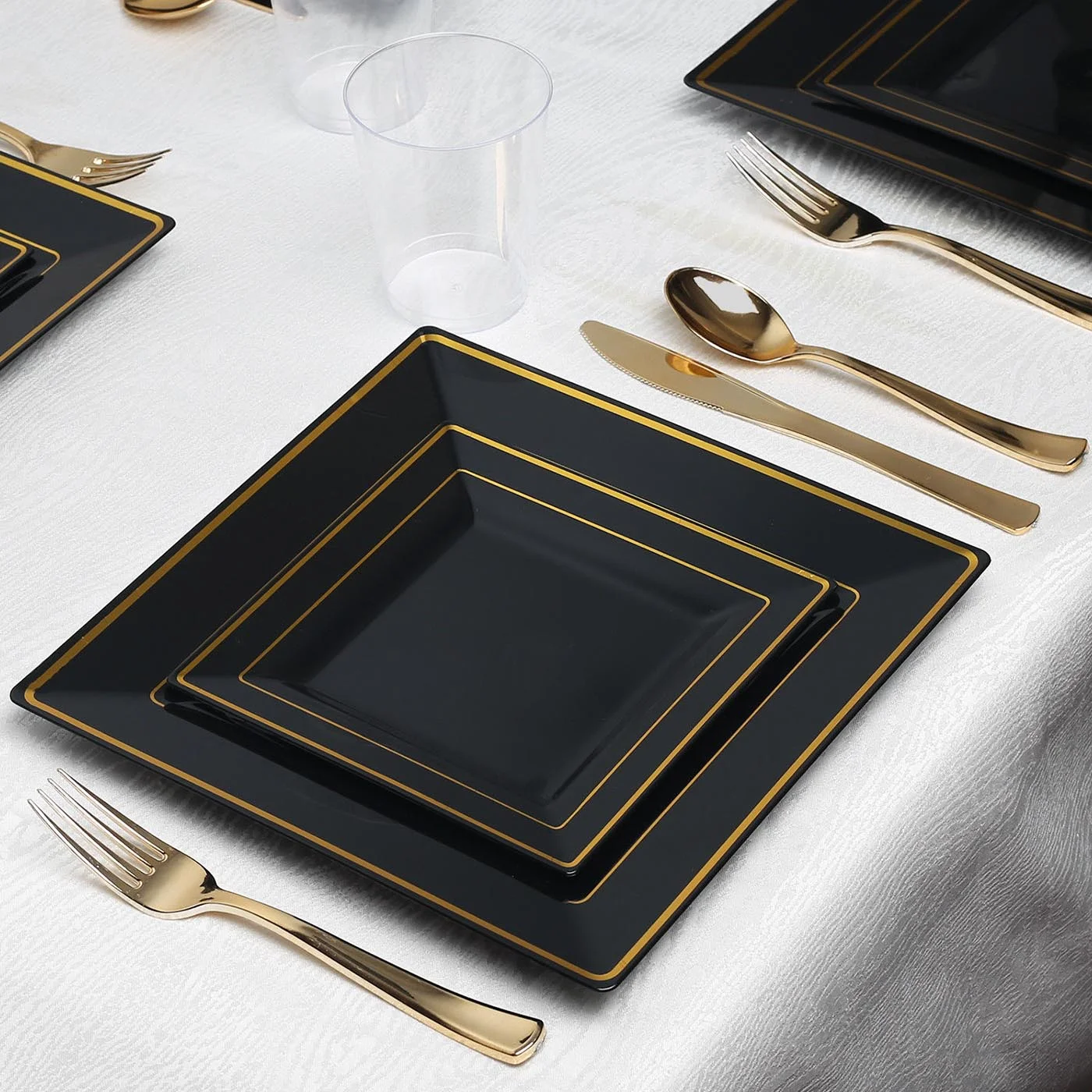 Smarty Black w/ Gold Square Edge Plastic Wedding Value Set (120 Guests)