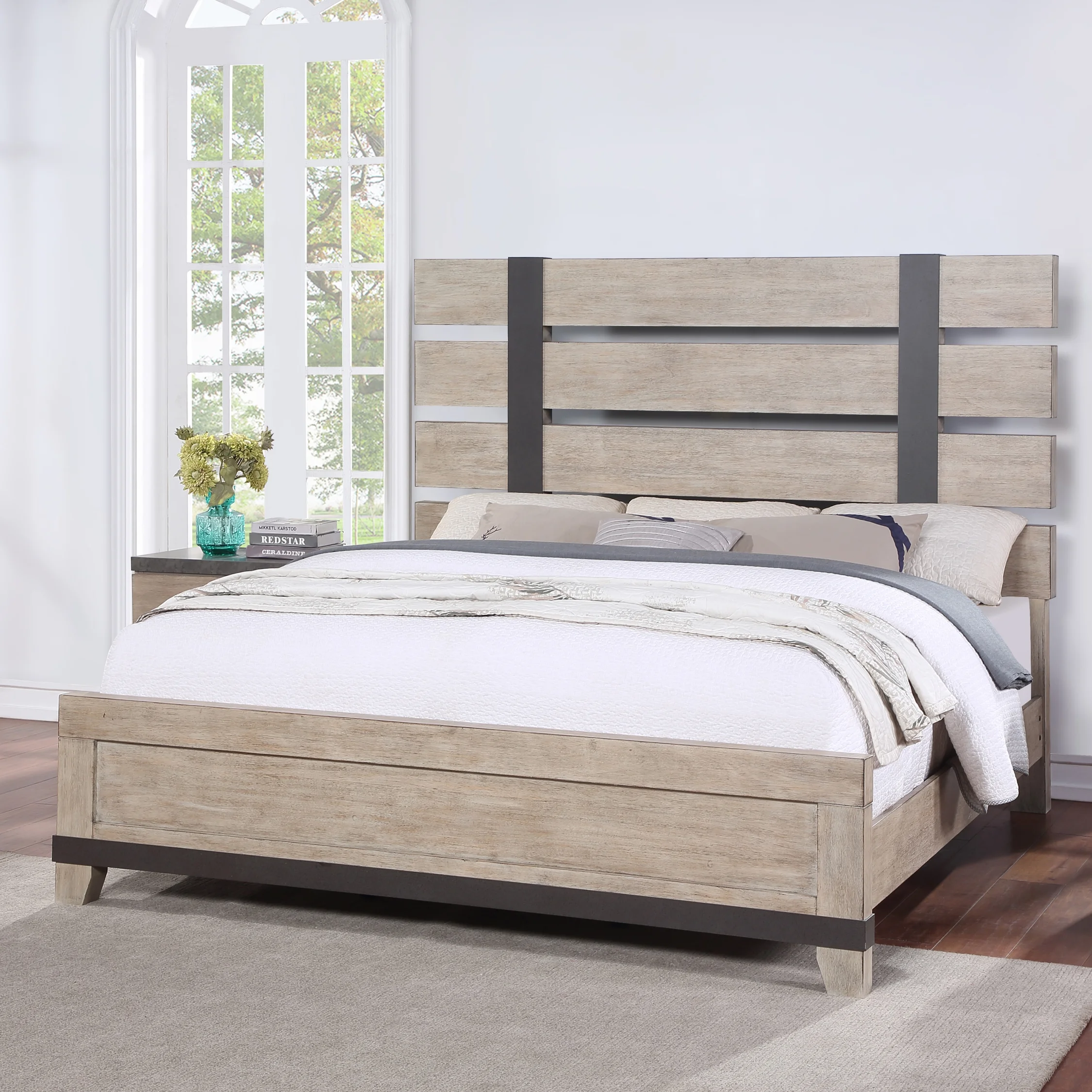 Arbela Wood Slatted Panel Bed with Dresser, Mirror, and Nightstand, King, Weathered Oak Finish