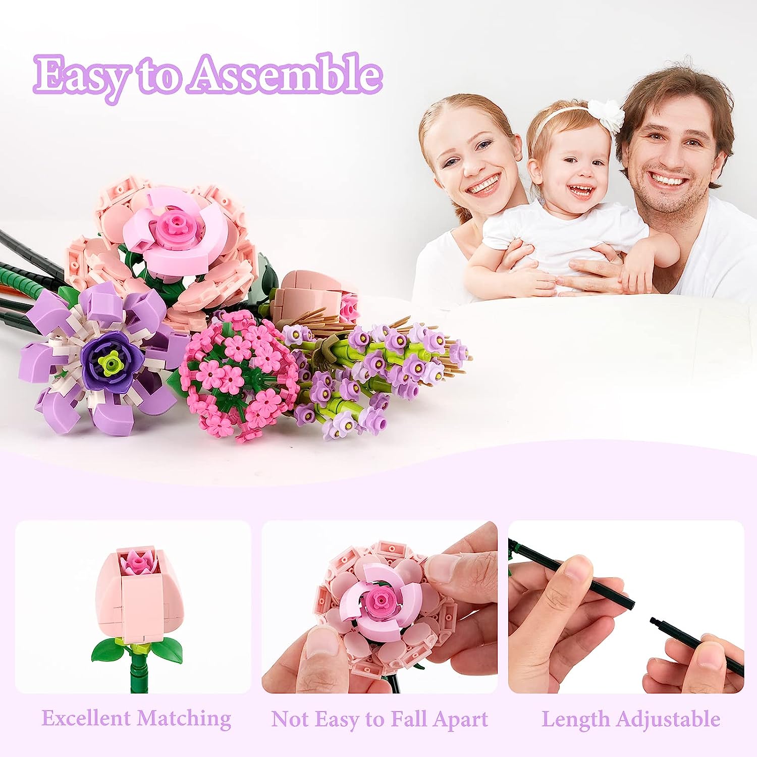 Cumbed Cumbed Flowers Building Blocks,547 PCS Flower Bouquet Building Kit,Mini Rose Artificial Flowers Building Blocks