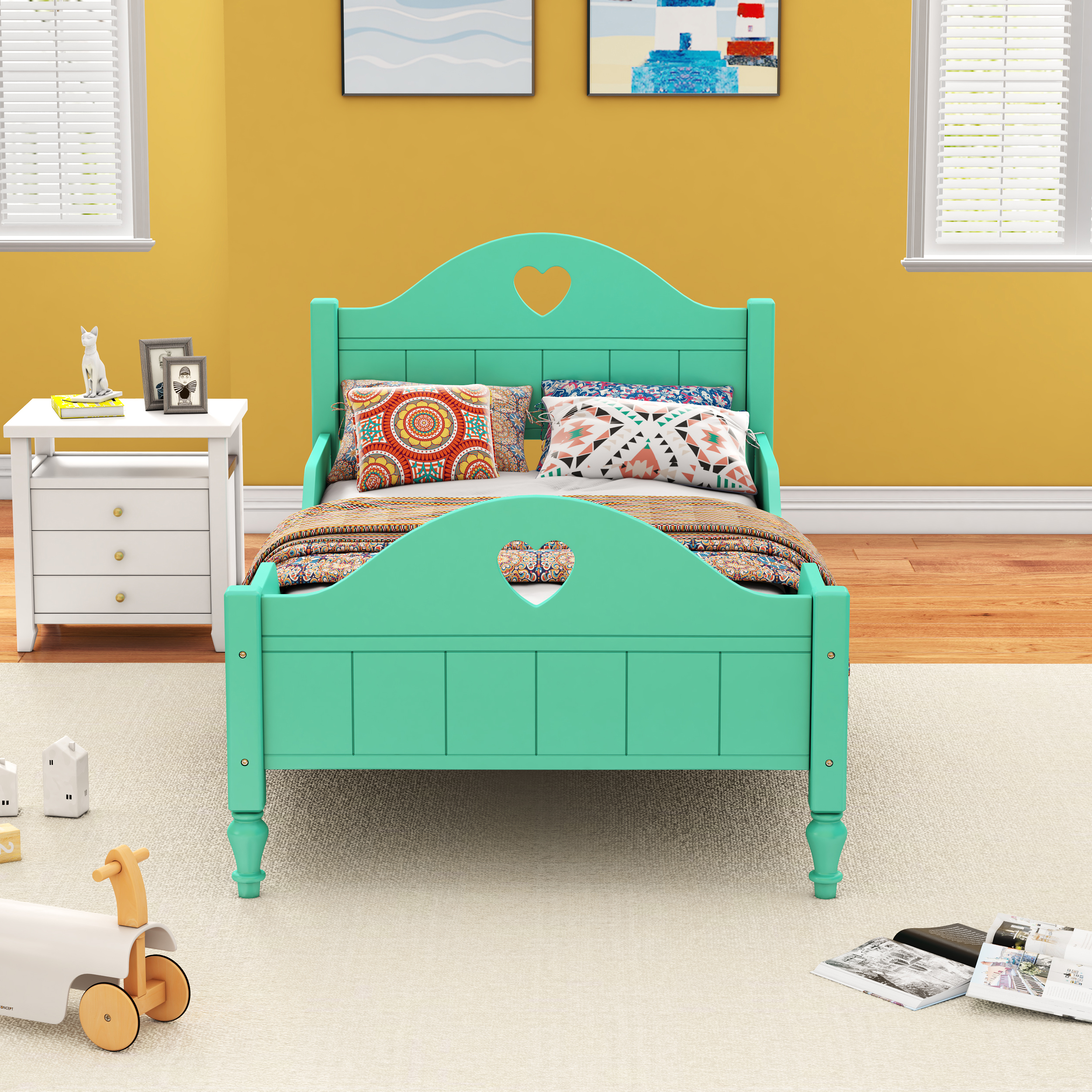 CoSoTower Twin Size Toddler Bed with Side Safety Rails and Headboard and Footboard,Seasoft Green