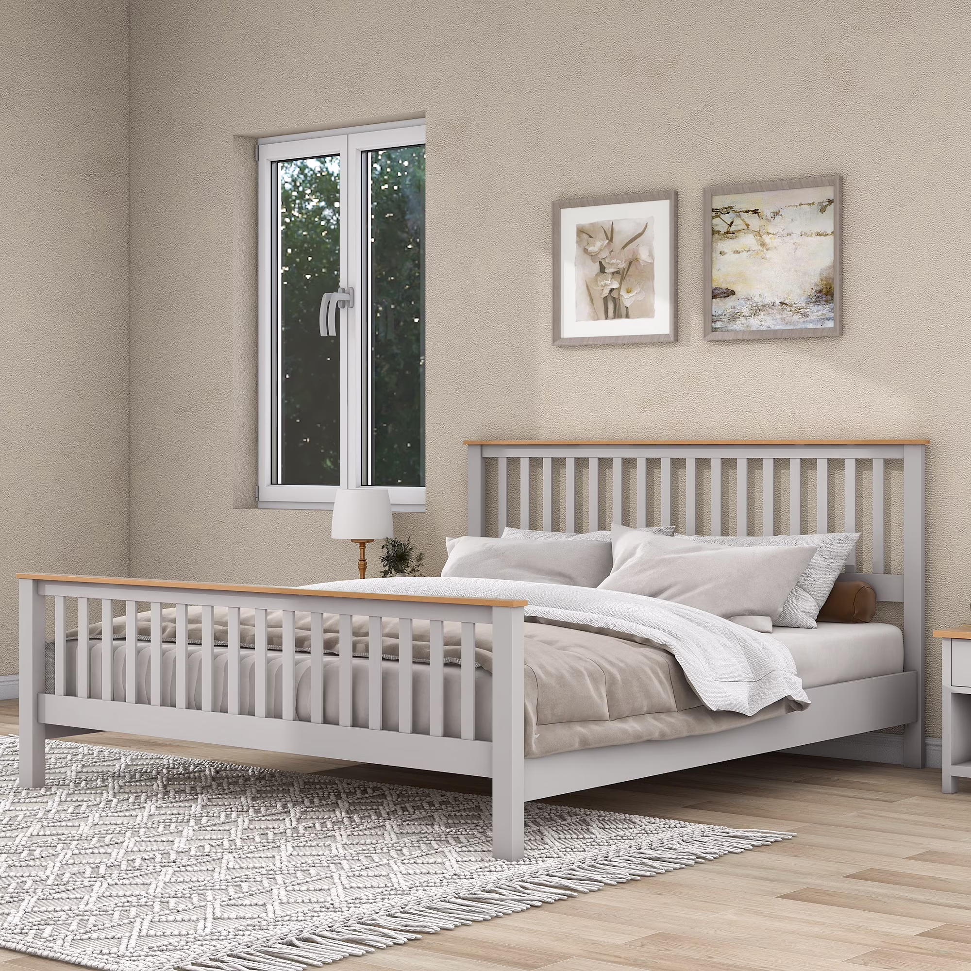 Dcenta Country Gray Solid Platform Bed with Oak , King