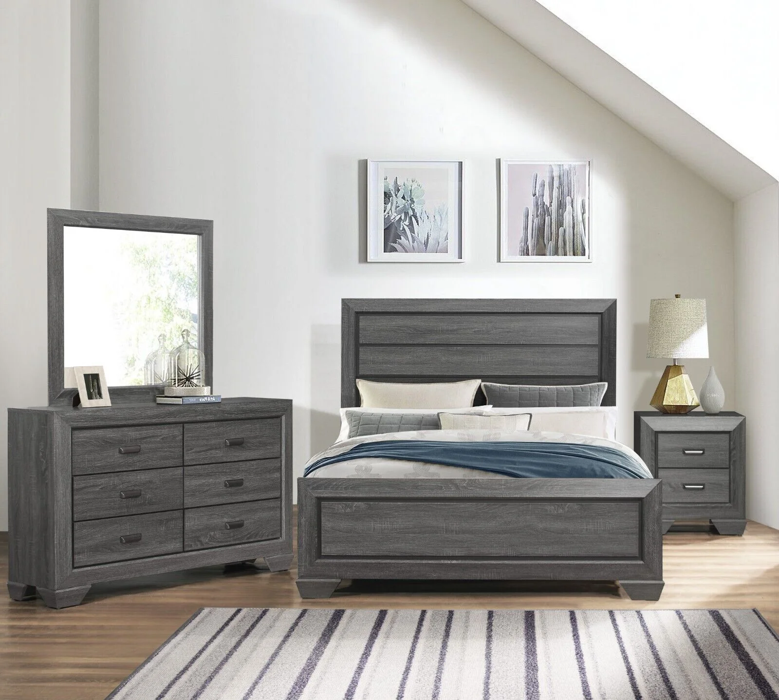 Contemporary 4pc Queen Size Bedroom Set Gray Finish Bed Dresser Mirror Nightstand Wooden Bedroom Furniture