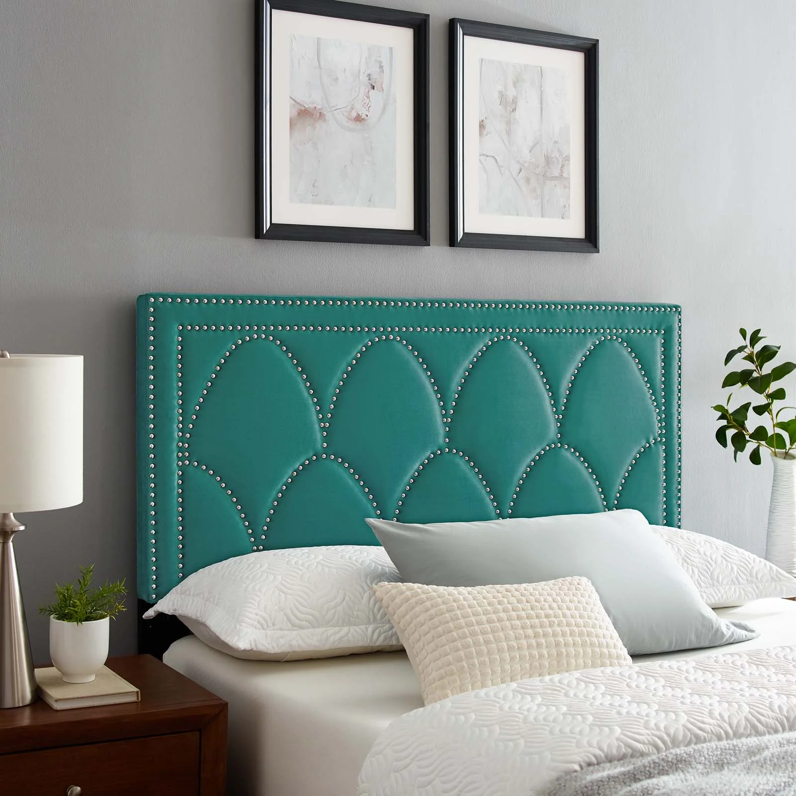Headboard, Nailhead, Twin Size, Teal Blue, Velvet, Modern Contemporary, Bedroom Master Guest Suite Room