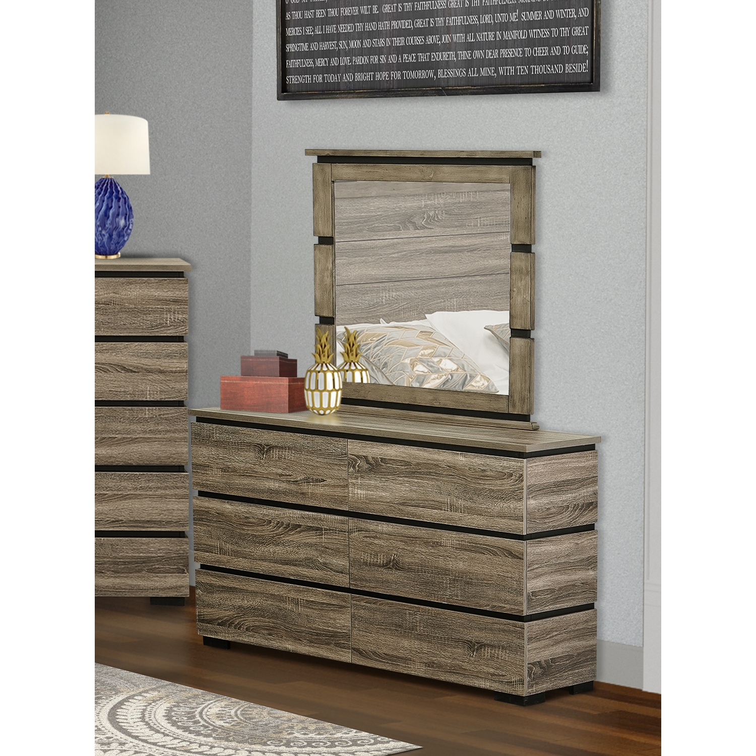 East West Furniture Savona Dresser and Mirror in Antique Gray Finish
