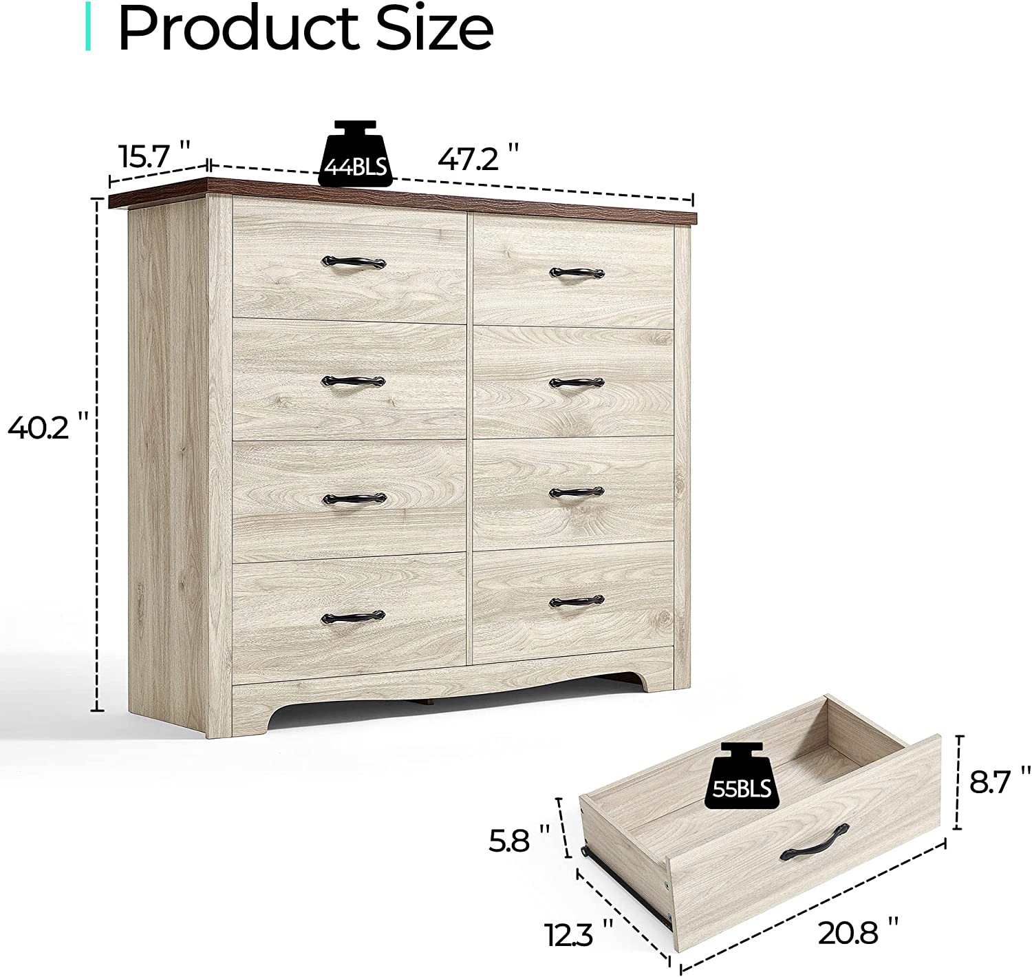 Linsy Home 8 Drawer Oak White Double Dresser, Wood Storage Cabinet with Easy Pull Out Handles for Living Room, Chest of Drawers for Bedroom