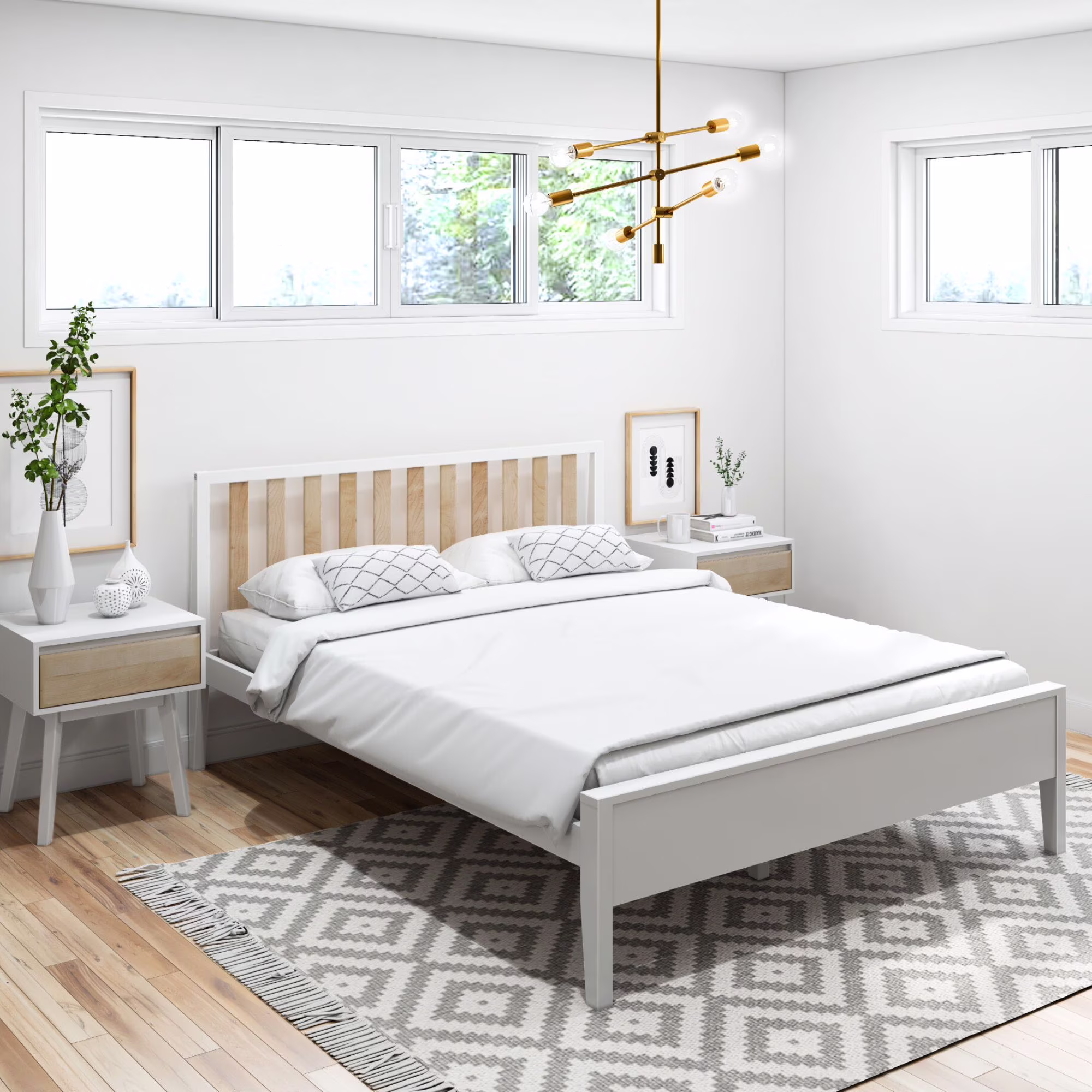 Plank+Beam Scandinavian Queen Bed Frame with Headboard, Solid Wood Adults Platform Bed, White/Blonde